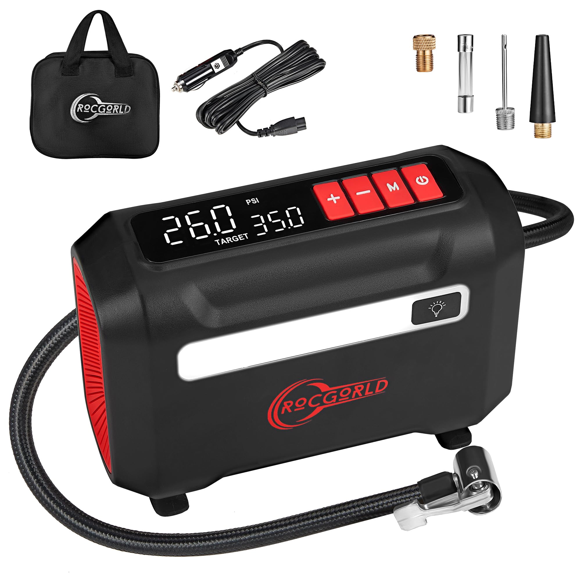 Rocgorld R8 Tire Inflator Portable Air Compressor, Dc 12V Air Compressor Portable With Large Dual Digital Screen, 3X Faster Inflation Air Pump For Car, Bike, Ball, Motor