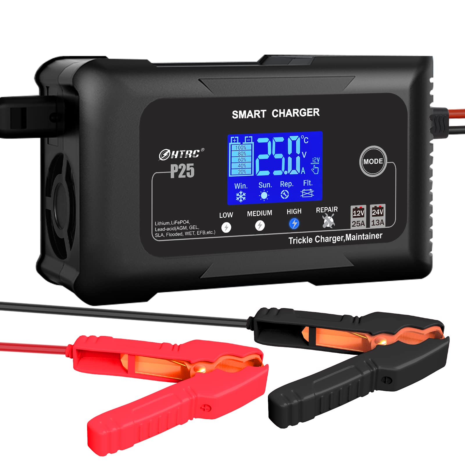 Htrc 25-Amp Smart Battery Charger,Lithium,Lifepo4,Lead-Acid Agm/Gel/Sla.. Car Battery Charger,Trickle Charger, Maintainer/Deep Cycle Charger,12V/25A And 24V/13A,For Motorcy,Boat,Lawn Mower,Golf Cart..