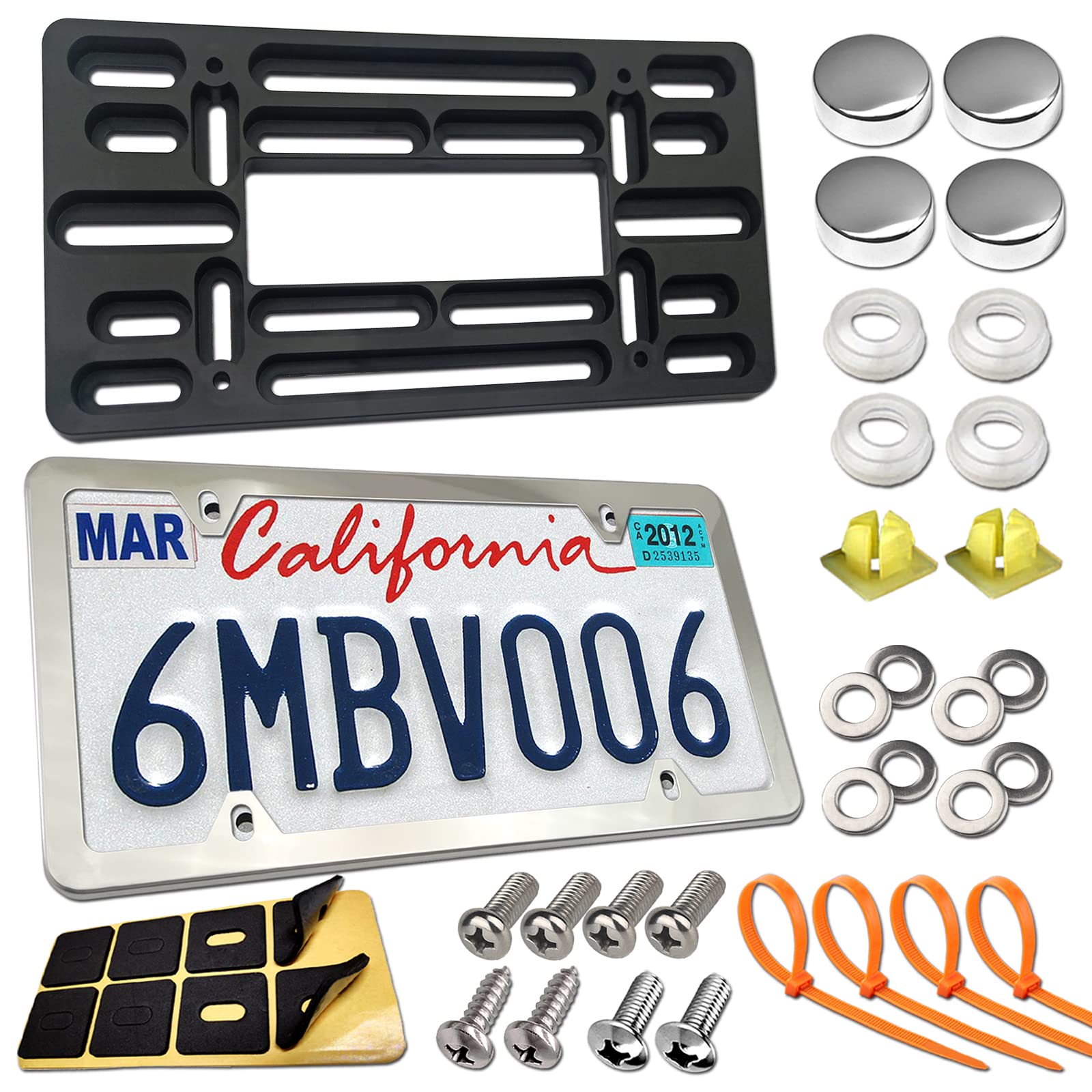 Zxfoog Front License Plate Mounting Kit- Front Bumper License Plate Bracket & Stainless Steel Car Tag Frame, Universal No Drilling Hole Adapter For Car/Truck/Trailer, With Screws Cap, Rattle Proof Pad