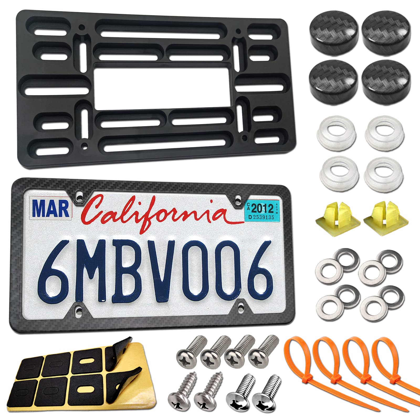 Zxfoog Front License Plate Mounting Kit- Bumper License Plate Bracket & Aluminum Carbon Pattern Car Tag Frame, Universal No Drilling Hole Adapter For Truck/Trailer, With Screws Cap, Rattle Proof Pad