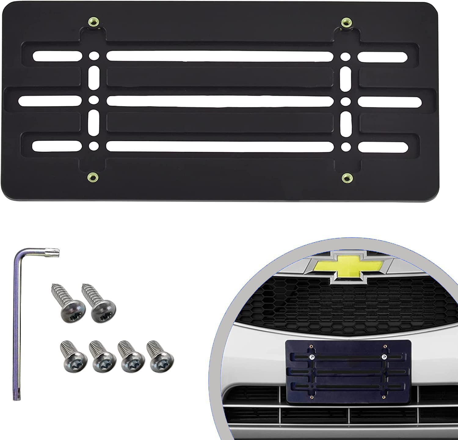 Front Bumper License Plate Bracket For Chevrolet 2000-2023, Plate Holder Set W 6 Unique Screw Bolts & Wrench Kit, License Tag Mounting Kit, Quality Plate Holders, Premium Car Accessories