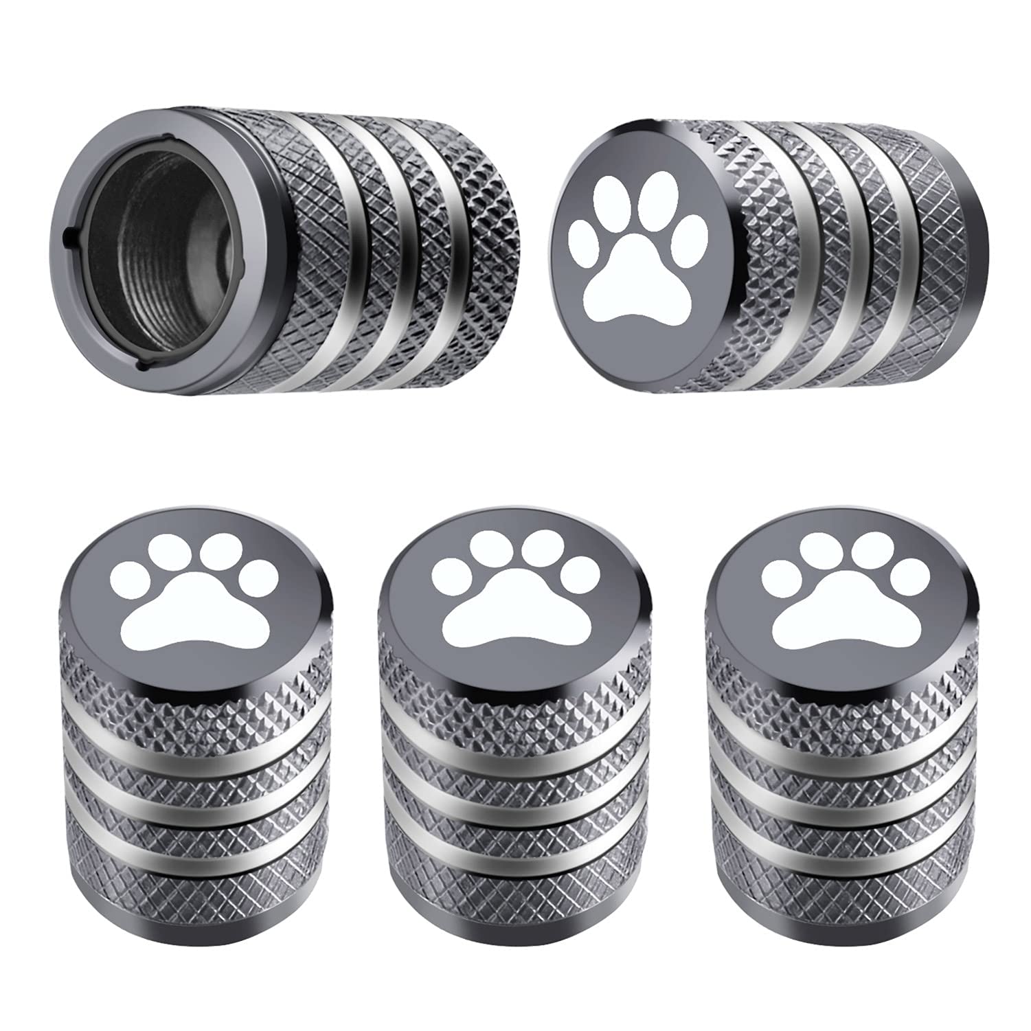 Tire Valve Stem Cap Cover - (5 Pack) Tire Air Caps Metal With Plastic Liner Corrosion Resistant Leak-Proof Cat/Dog Paw For Car Truck Motorcycle Bike Grey