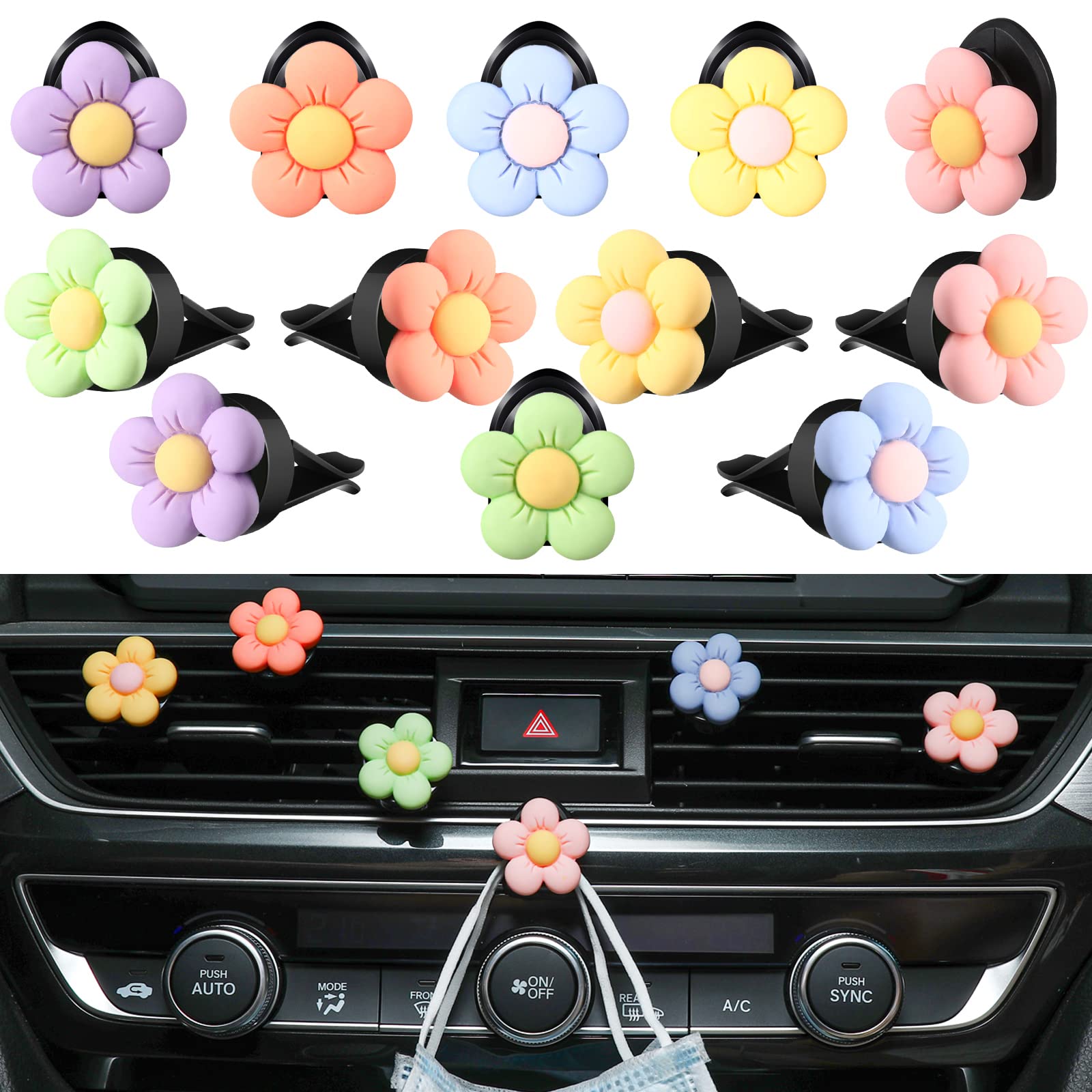 Tallew 12 Pcs Daisy Air Vent Clips Hook, Cute Flower Car Fresheners Charms Diffuser Clip Adhesive Hook Boho Accessories Interior Decor For Girls Women, Blue,Green,Orange,Pink,Purple