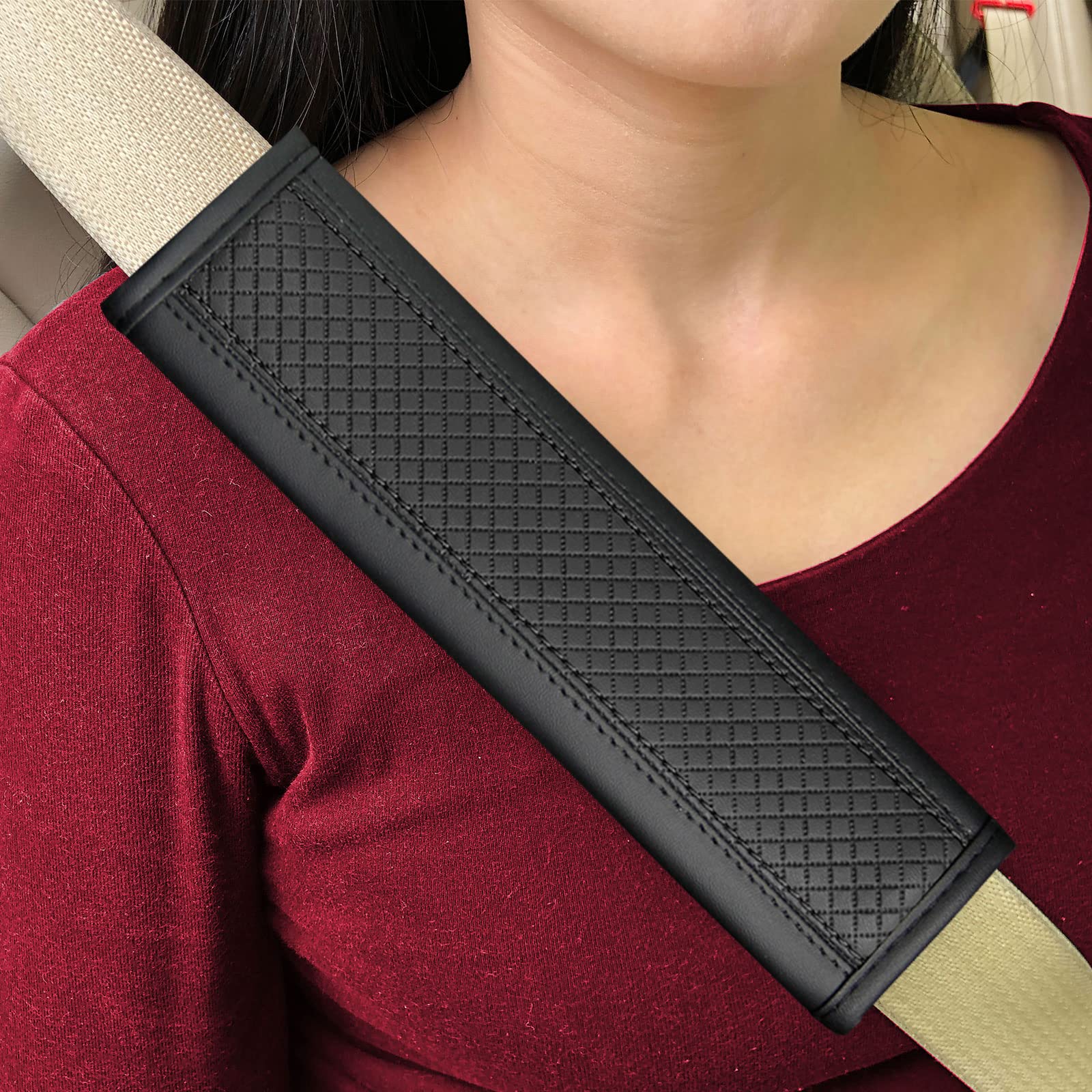 Javmoo Seat Belt Pads Leather Seat Belt Covers More Comfort Driving Cushion Helps Protect Your Neck And Shoulders Suit For Car, Truck, Suv, Airplane,Camera Backpack Straps-2Pcs