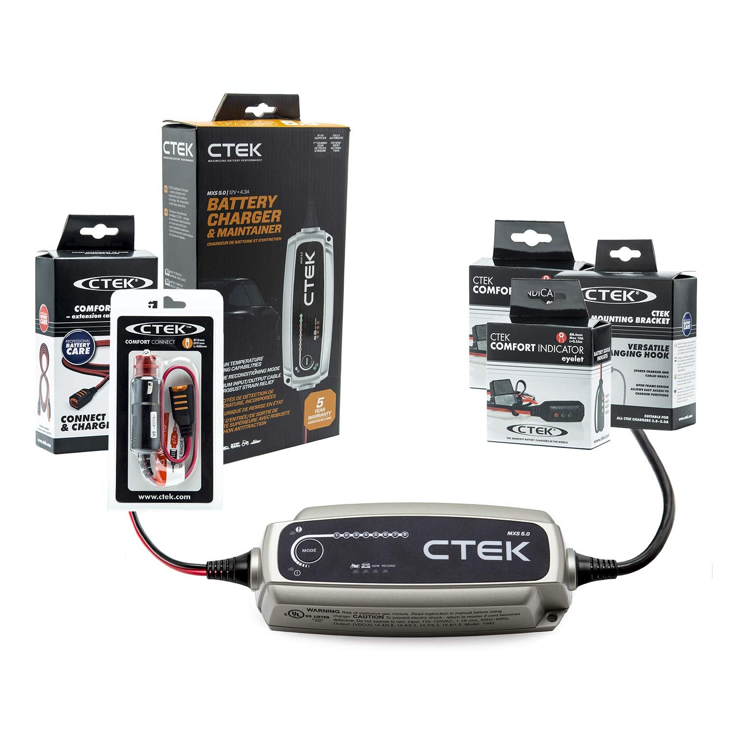 Ctek (40-206) Mxs 5.0-12 Volt Battery Charger And Maintainer And Family Garage Kit