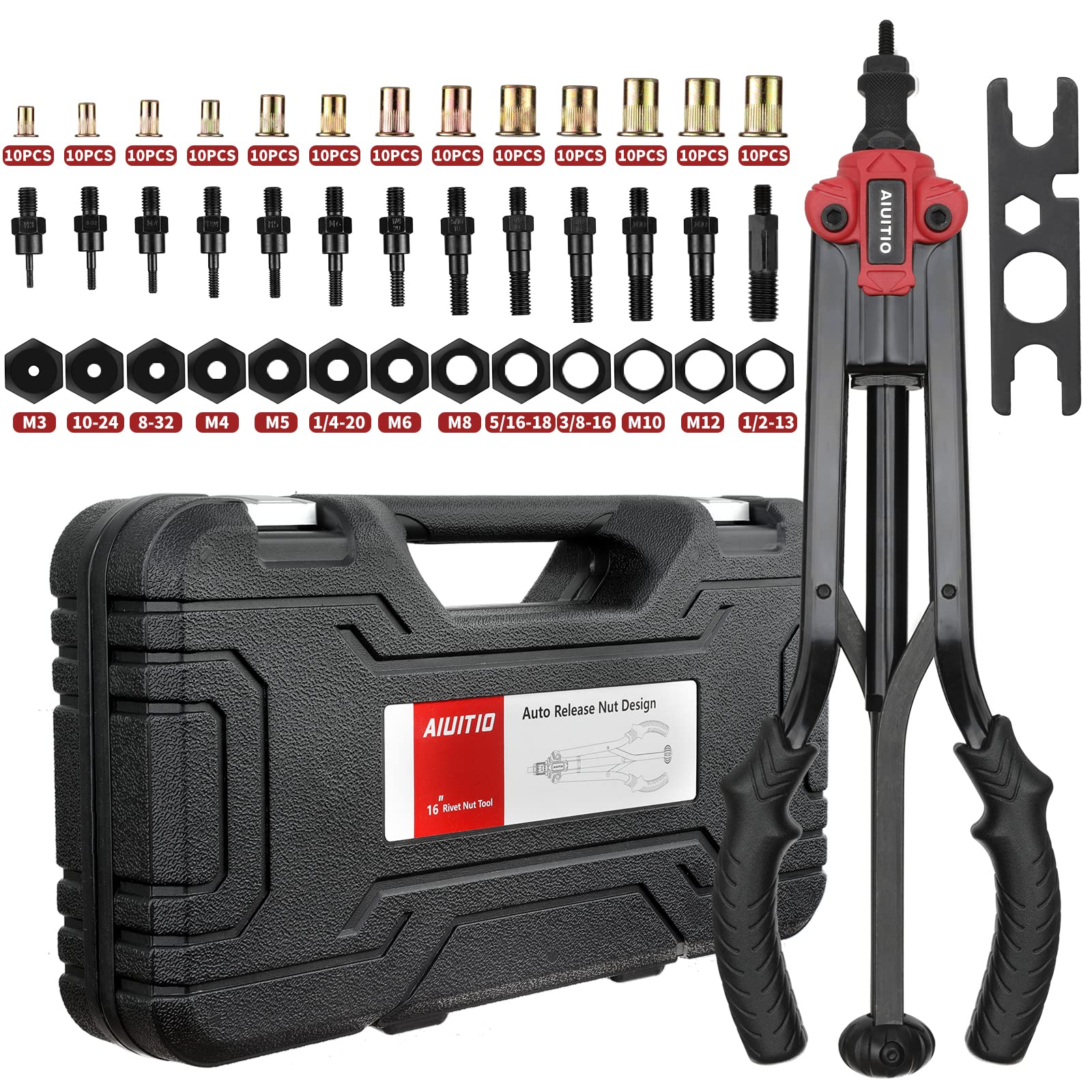 Aiuitio 16'' Rivet Nut Tool, Auto Release Nut Rivnut Tool Kit With 13 Metric And Sae Mandrels, Nutsert Rivet Tool Set With 130Pcs Rivnuts,Sturdy Plastic Case - 90% Time And Effort Saving
