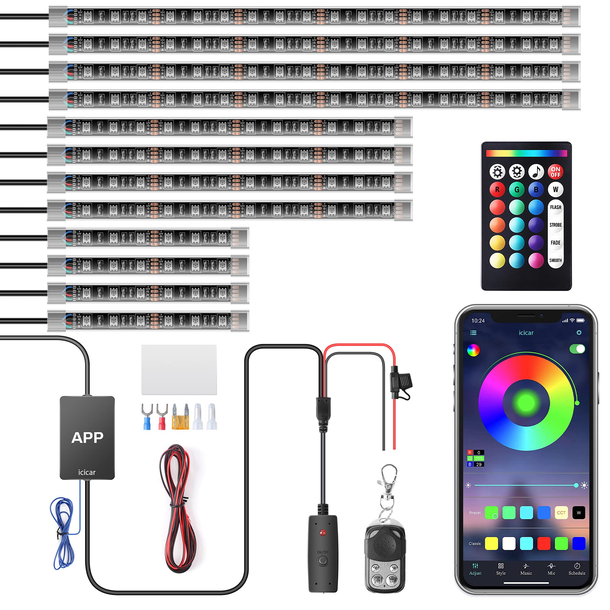 12Pcs Motorcycle Led Underglow Kit, Icicar Motorcycle Lights App Control Music Sync Led Motorcycle Lights Brake Feature Waterproof Dual Remote Motorcycle Underglow Led Light Kit For Utv Atv Golf Cart