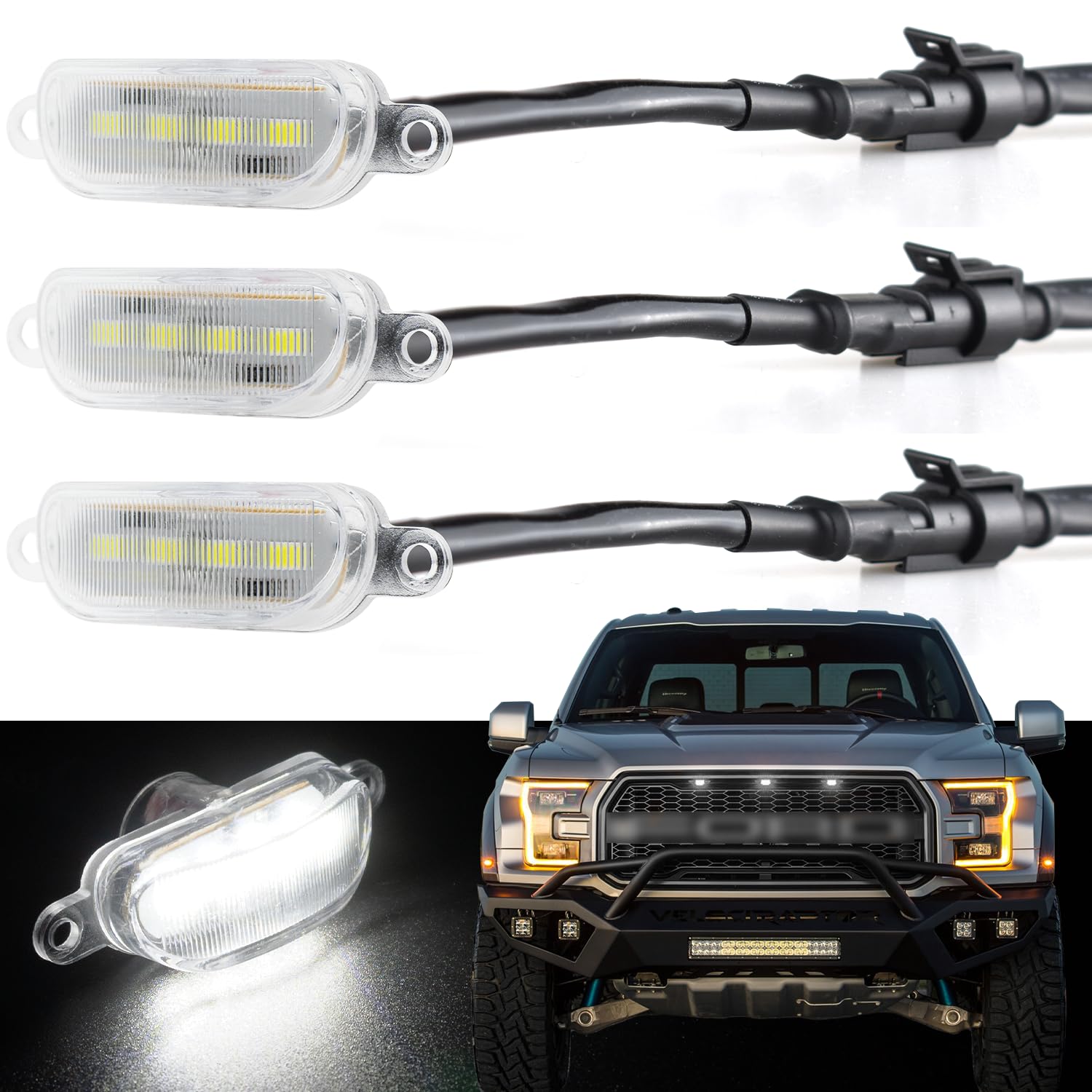 Boigoo Front Grilles Marker Lights 3Pcs 4Led Compatible With Dodge Ram 1500 2013-2018 & Ford F-150 Raptor 2004-2019, Decorative Cars Grid Grilles (White - White Lens)