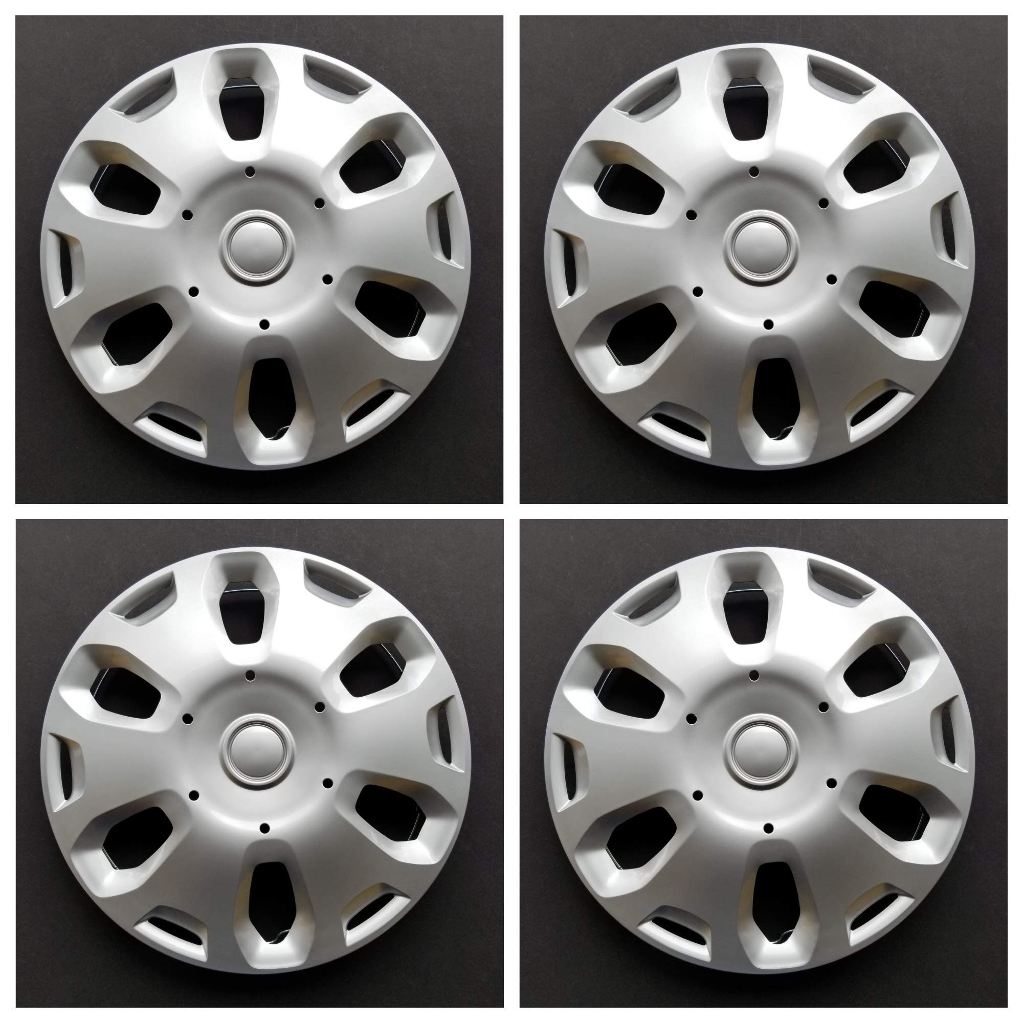 New Wheel Covers Replacements Fits 2010 2013 Ford Transit Connect 15 Inch; 6 Spoke; Silver Color; Plastic; Set Of 4; Spring Steel Clip