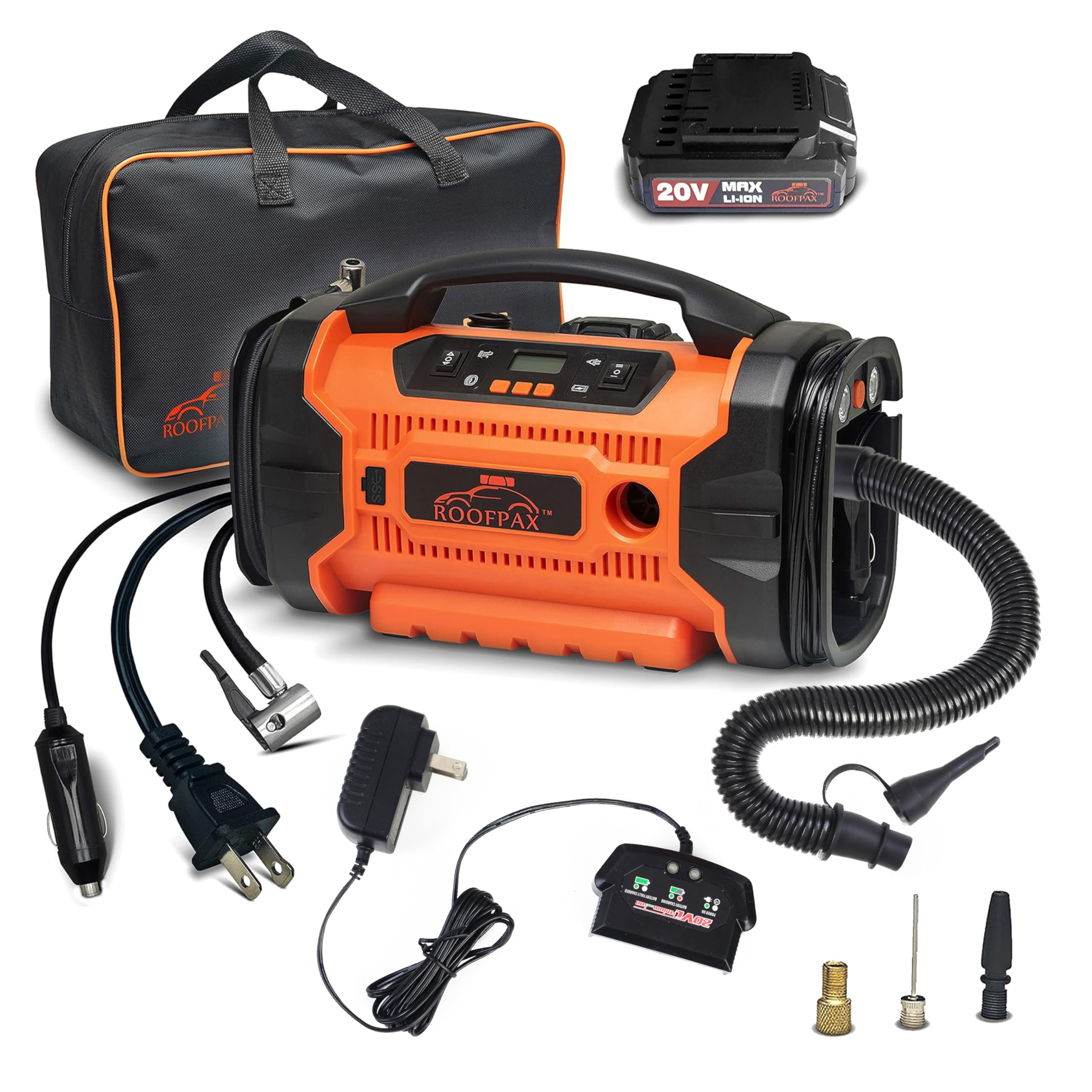 Roofpax Tire Inflator Portable Air Compressor For Car Tires 3 Power Sources Ac/Dc & Battery Heavy Duty Inflator/Deflator Digital Car Air Pump With Pressure Gauge 12V 110 Ac 160 Psi For Car Rv & Truck