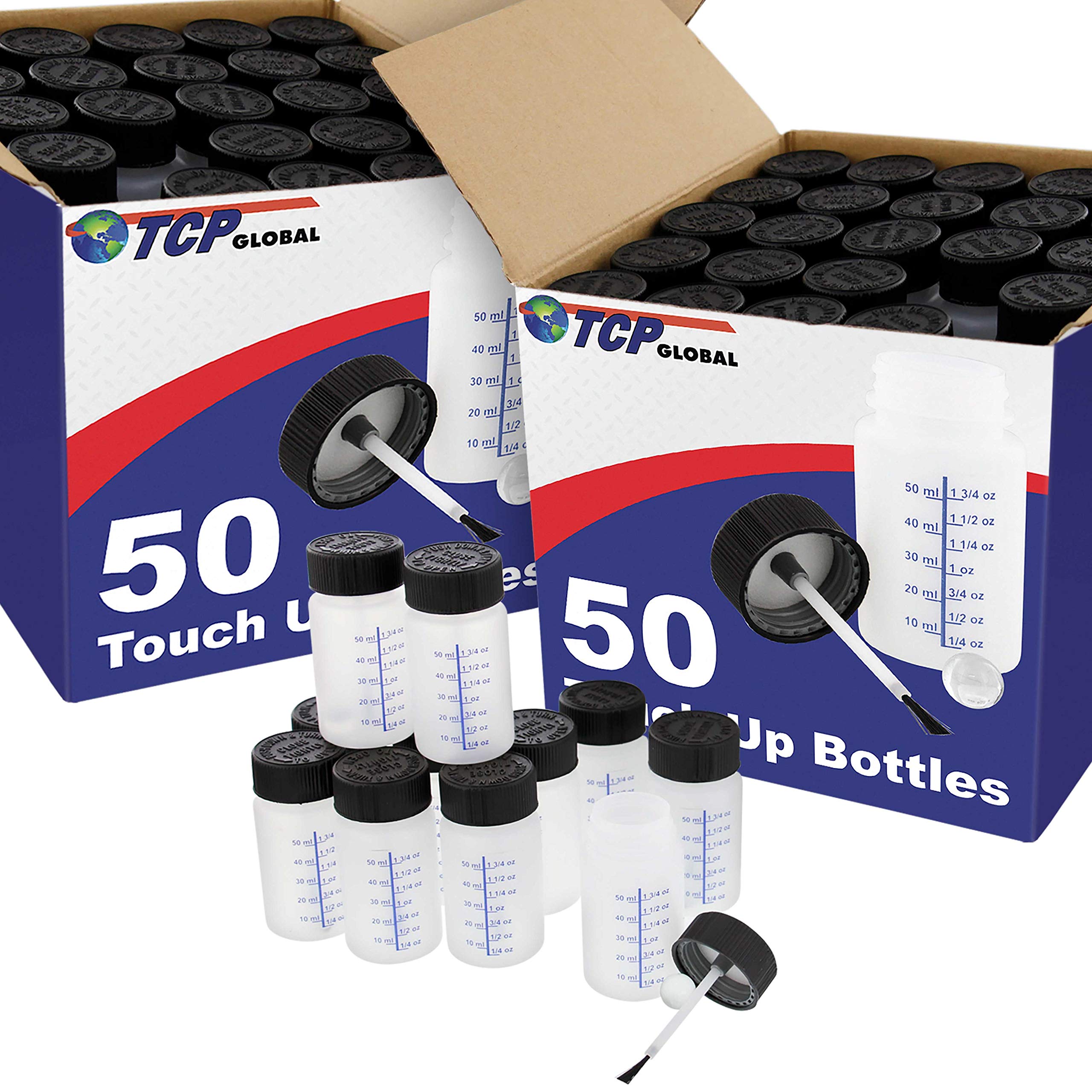 Tcp Global Paint Touch Up Bottles With Child Safety Lids (Box Of 100) - 2 Ounce (60Ml) Fluid Capacity, Mixing Ball, Touch-Up Applicator Brush - Fix Paint Chips, Scratches, Stone Chips, Auto Car Damage