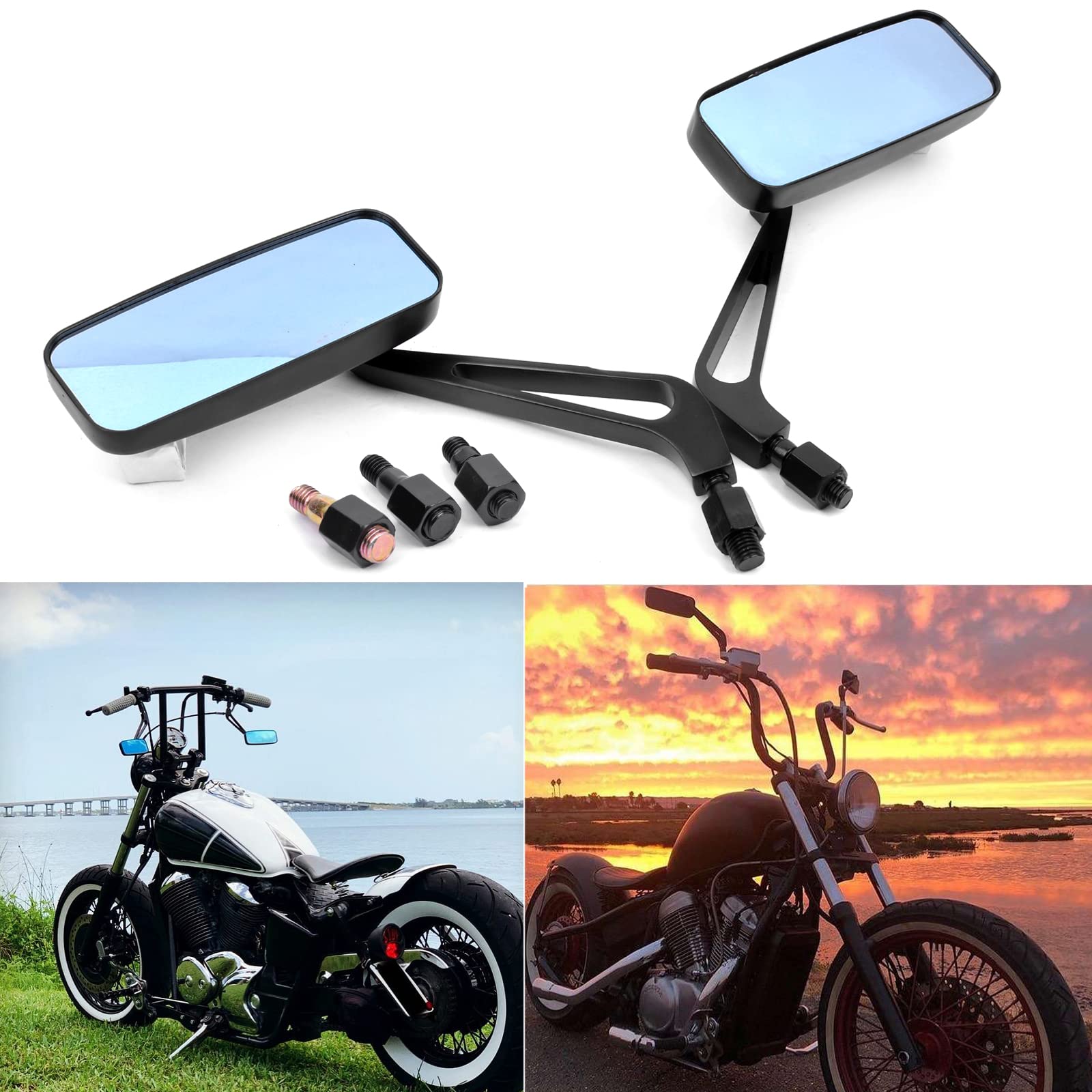 8Mm/10Mm Black Rectangle Motorcycle Rear View Side Mirrors Compatible With Kawasaki Suzuki Yamaha Cruiser Chopper