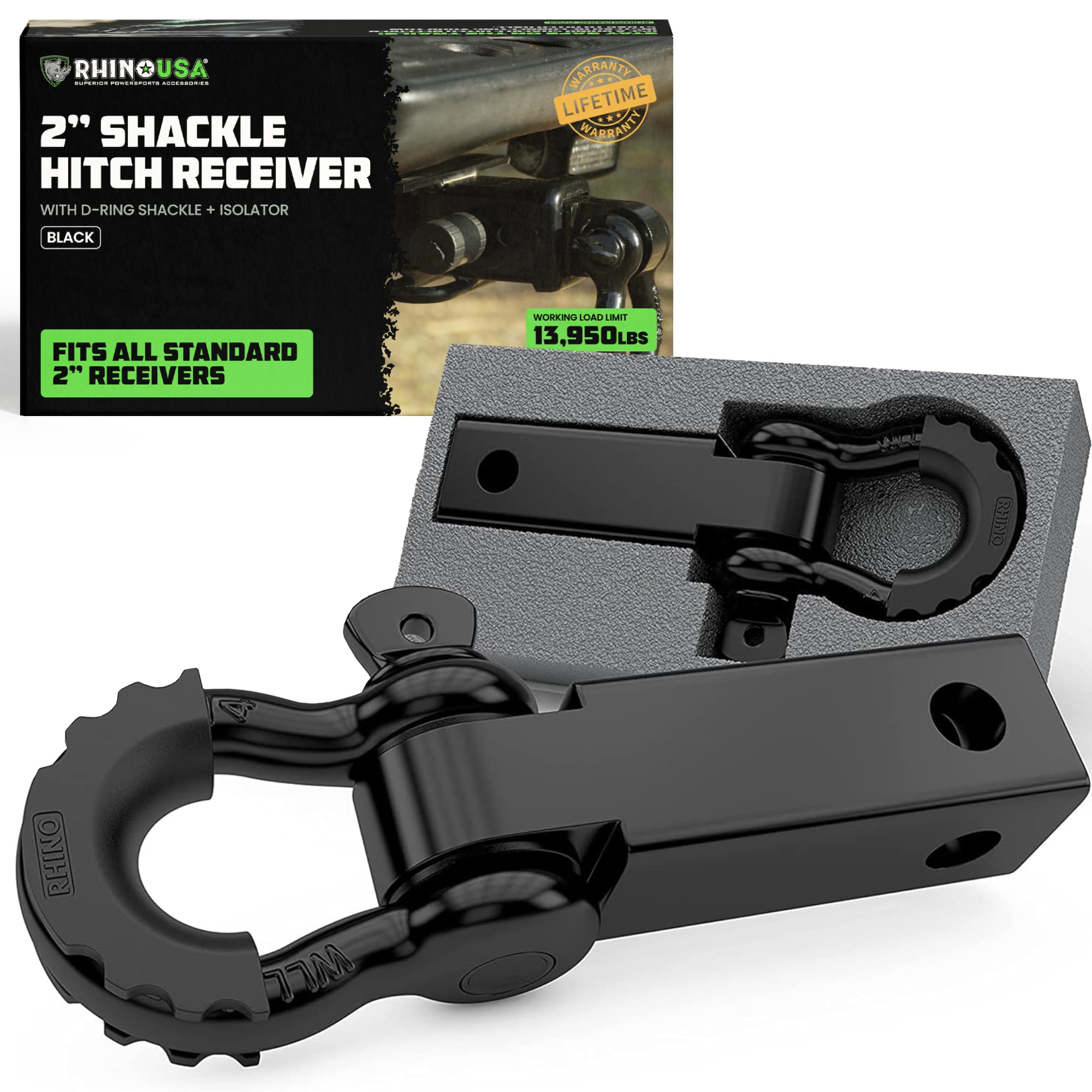 Rhino Usa Shackle Hitch Receiver (Fits 2 Receivers) Best Towing Accessories For Trucks, Jeep, Toyota & More - Connect Your Rhino Tow Strap For Vehicle Recovery, Mounts To 2 Receiver Hitches