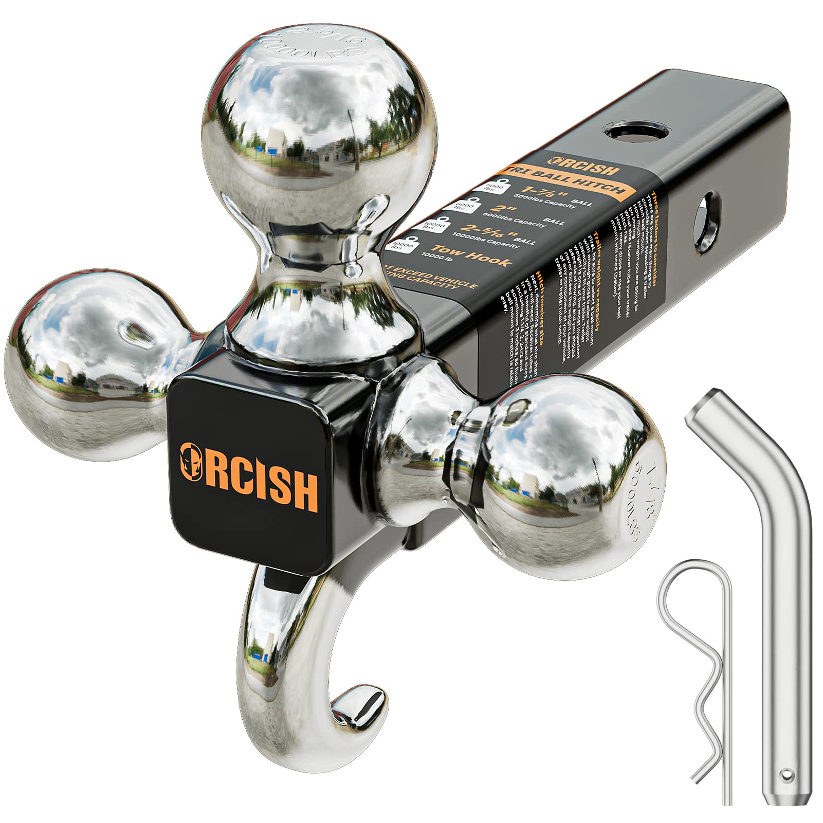 Orcish Trailer Hitch Tri-Ball Mount With Hook & Pin, Trailer Ball Size 1-7/8, 2 And 2-5/16, Fit 2 Inch Hitch Receiver, 2/3 In 1 Ball Truck Hitch, Tow Hitch
