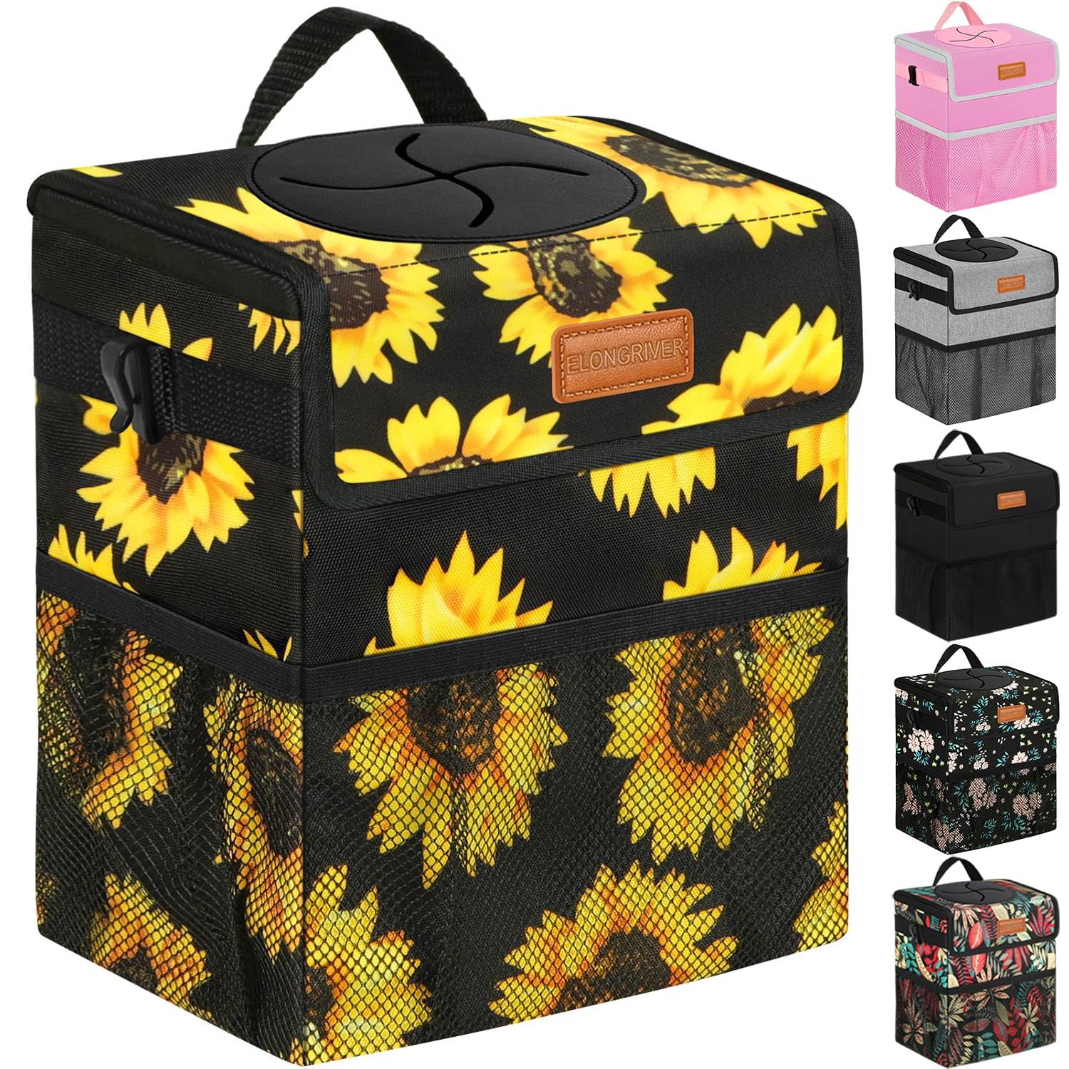 Elongriver Car Trash Can Bin For Car Back Seat Leak Proof, Cute Car Trash Bag Hanging, Vehicle Trash Can For Suv Truck Van, Automotive Car Garbage Cans Front Seat Sunflower Floral