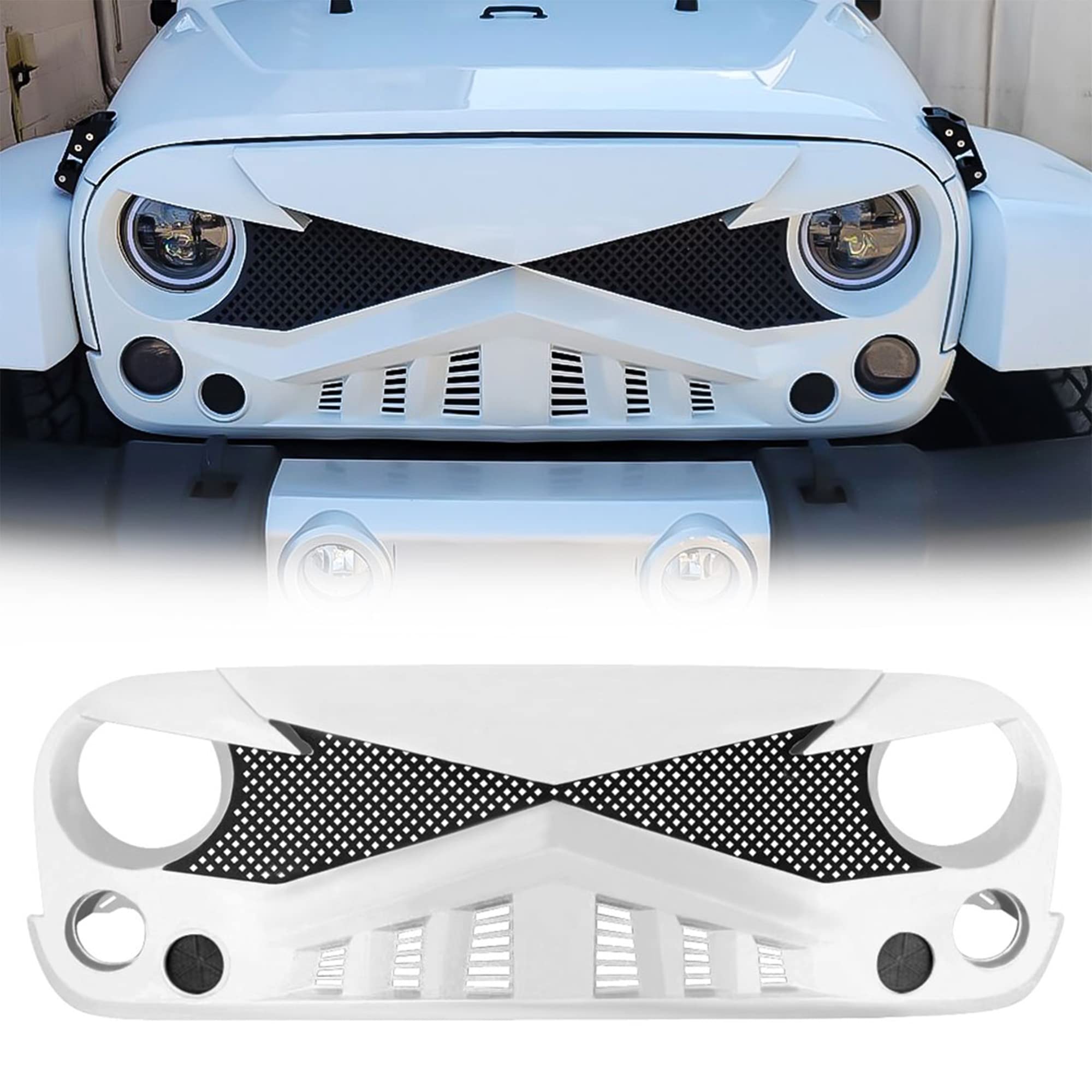 American Modified Hawke Front Grille Cover Compatible With Jeep Wrangler, Jk/Jku, Rubicon, And Sahara Sport 2007 To 2018 Models, White