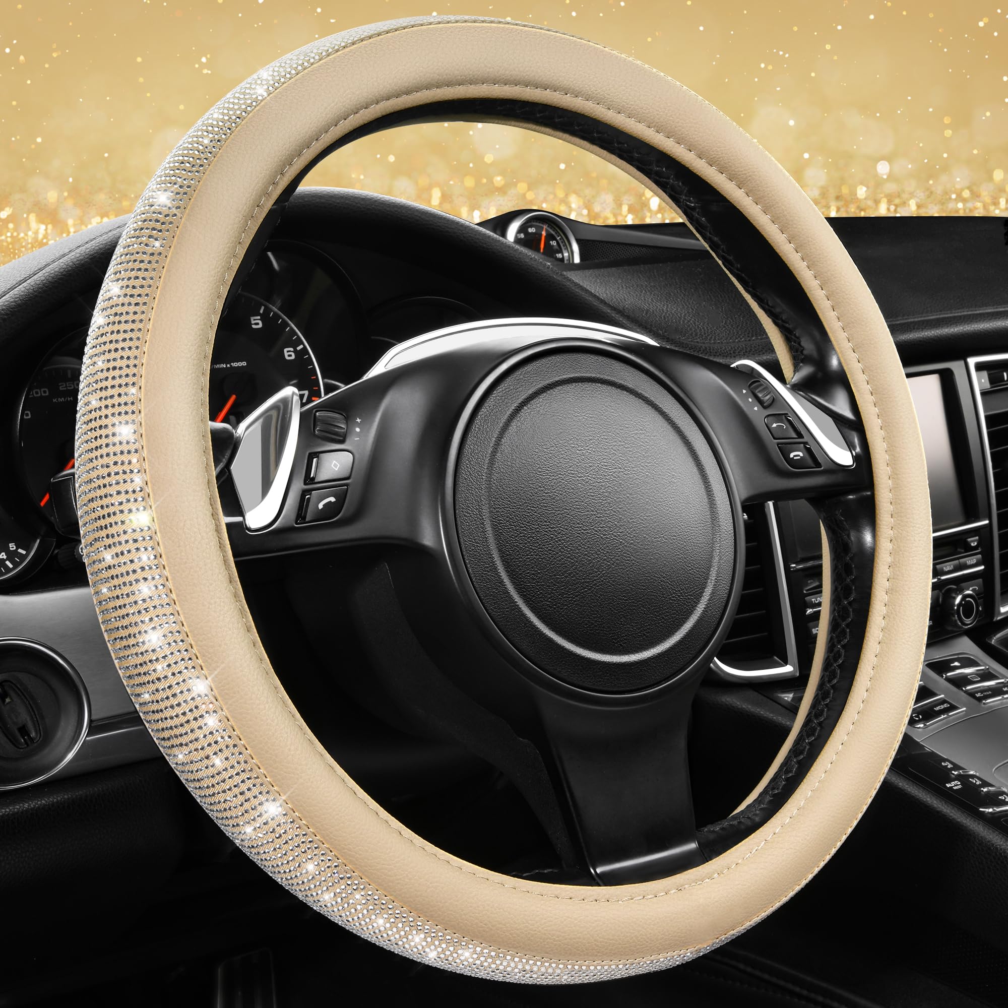 Car Pass Bling Diamond Beige Leather Steering Wheel Cover, White Sparkly Crystal Glitter Rhinestones Universal Fit 14 1/2-15 Car Wheel Protector For Women Girl Fit Suvs,Vans,Sedans,Trucks, Beige