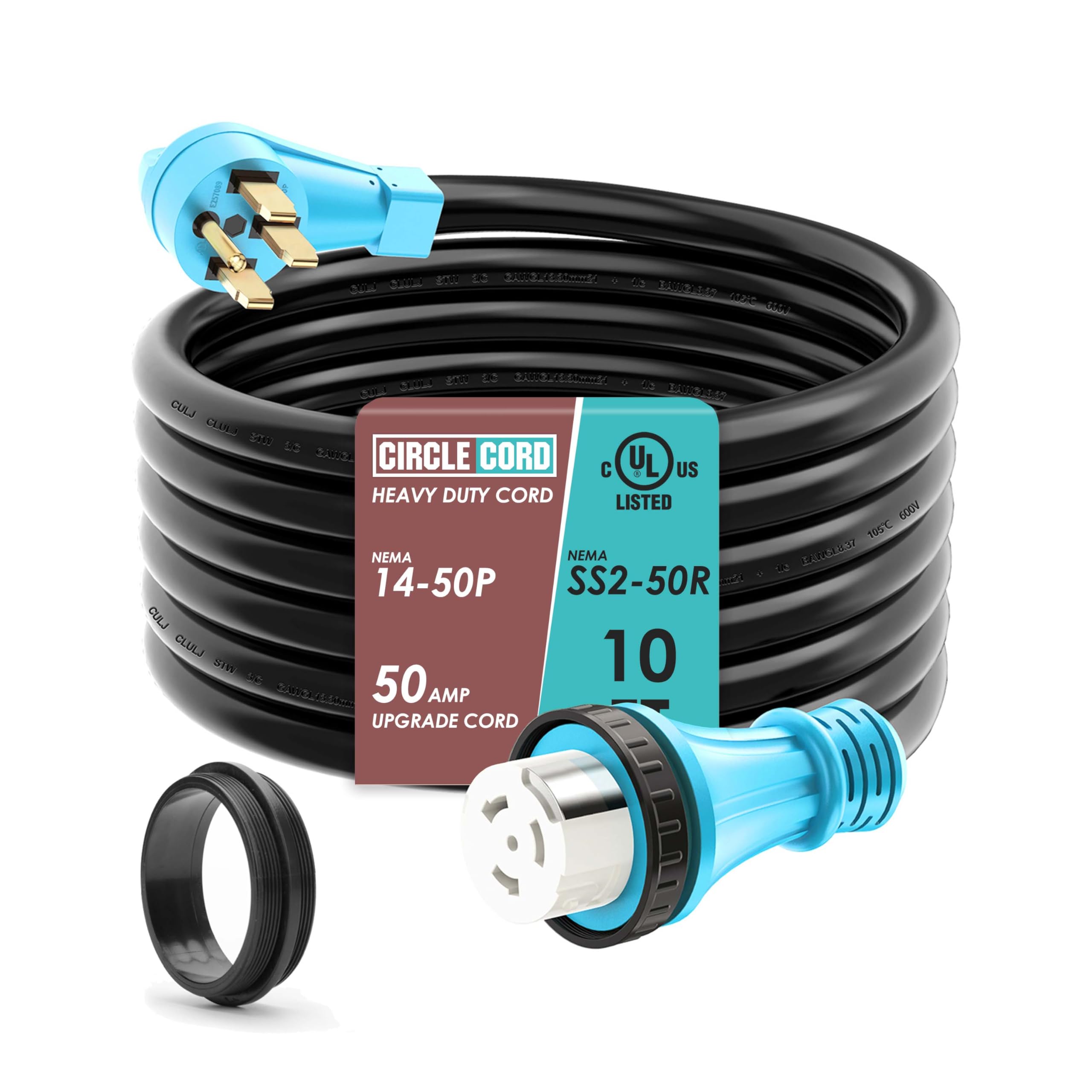 Circlecord Ul Listed 50 Amp 10 Feet Rv/Generator Cord With Locking Connector, Heavy Duty 6/3+8/1 Gauge Stw Wire, 14-50P Male And Ss2-50R Twist Locking Female For Rv Camper And Generator To House