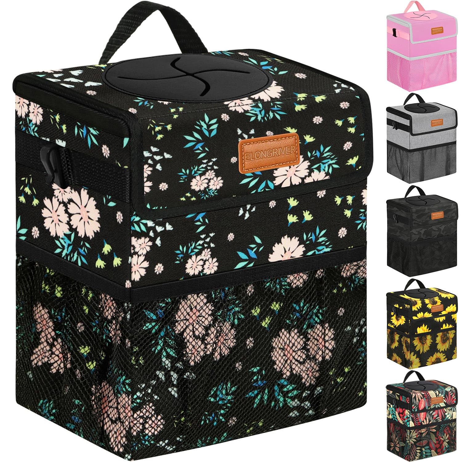 Elongriver Car Trash Can Bin For Car Back Seat Leak Proof, Cute Car Trash Bag Hanging, Vehicle Trash Can For Suv Truck Van, Automotive Car Garbage Cans Front Seat Colorful Floral