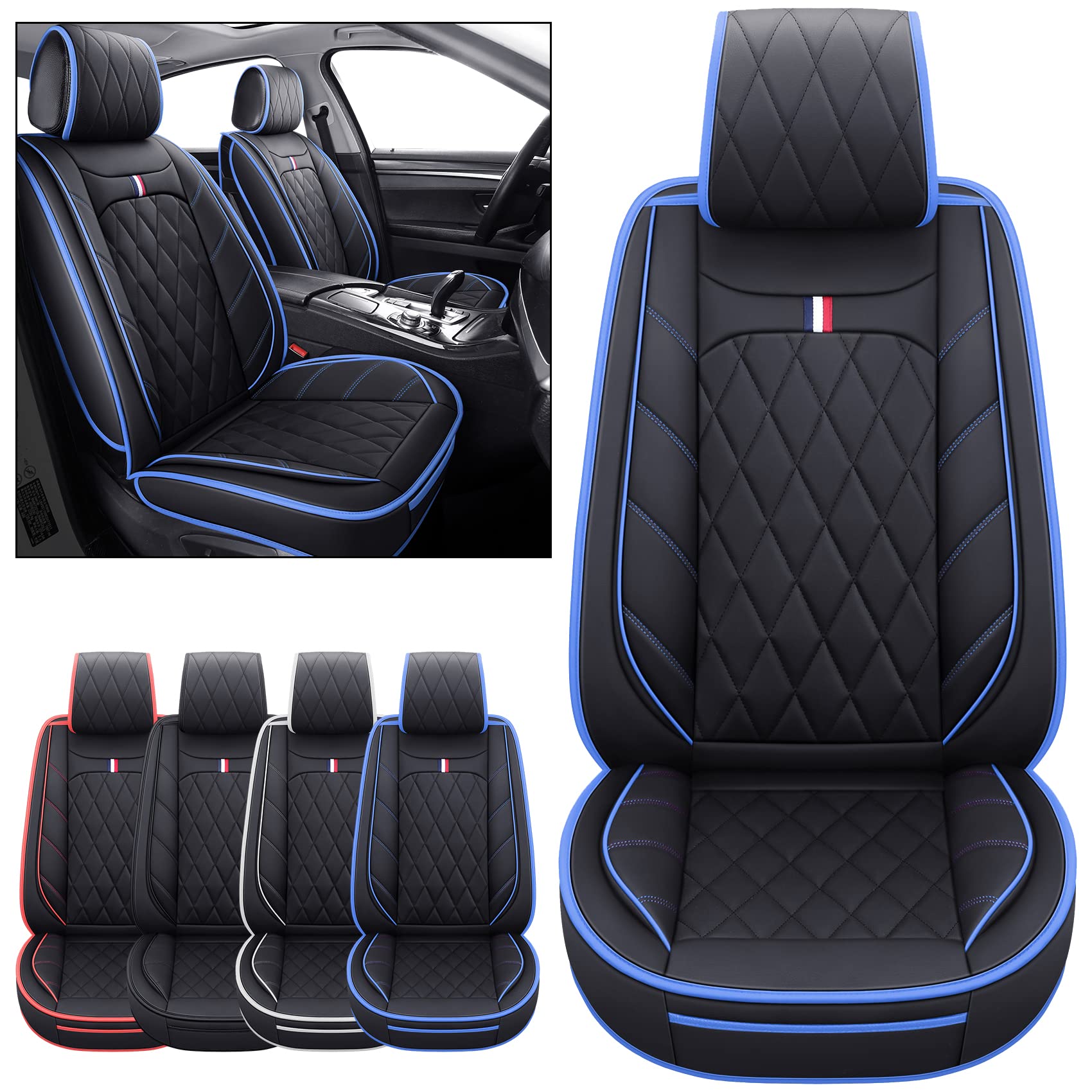 Aierxuan Front Seat Covers For Cars, Waterproof Leather For Nissan Chevy Malibu Kia Soul Sorento Hyundai Elantra Tucson Accent Sonata Kona Outlander Galant (2 Pcs Front, Black-Blue)