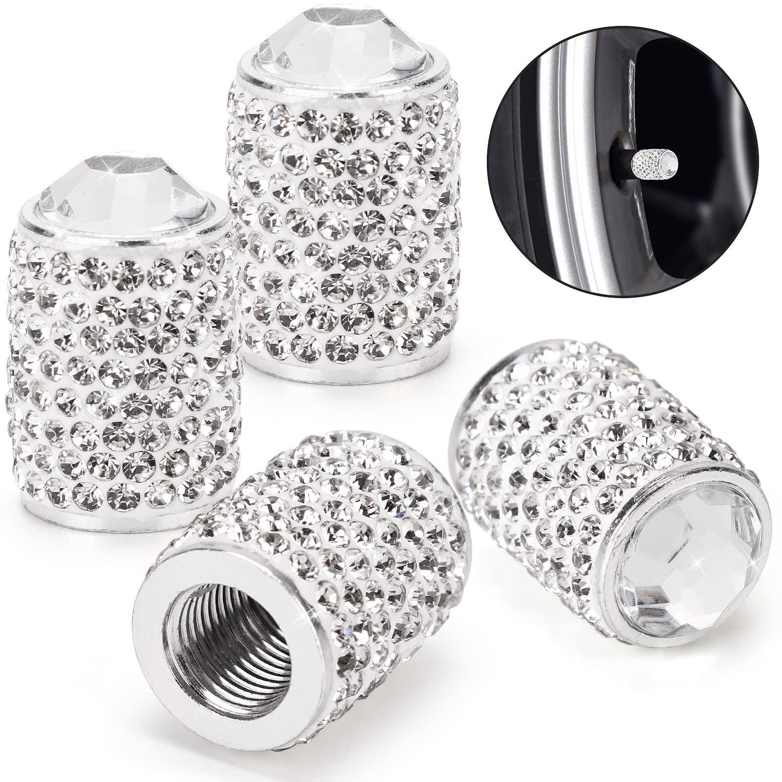Tobequeen Bling Tire Valve Caps, 4 Pack Handmade Crystal Rhinestone Tire Caps Universal Bling Car Accessories For Women Dustproof Bling Valve Stem Caps Cover For Car/Suv/Motorcycle/Bike(Silver)