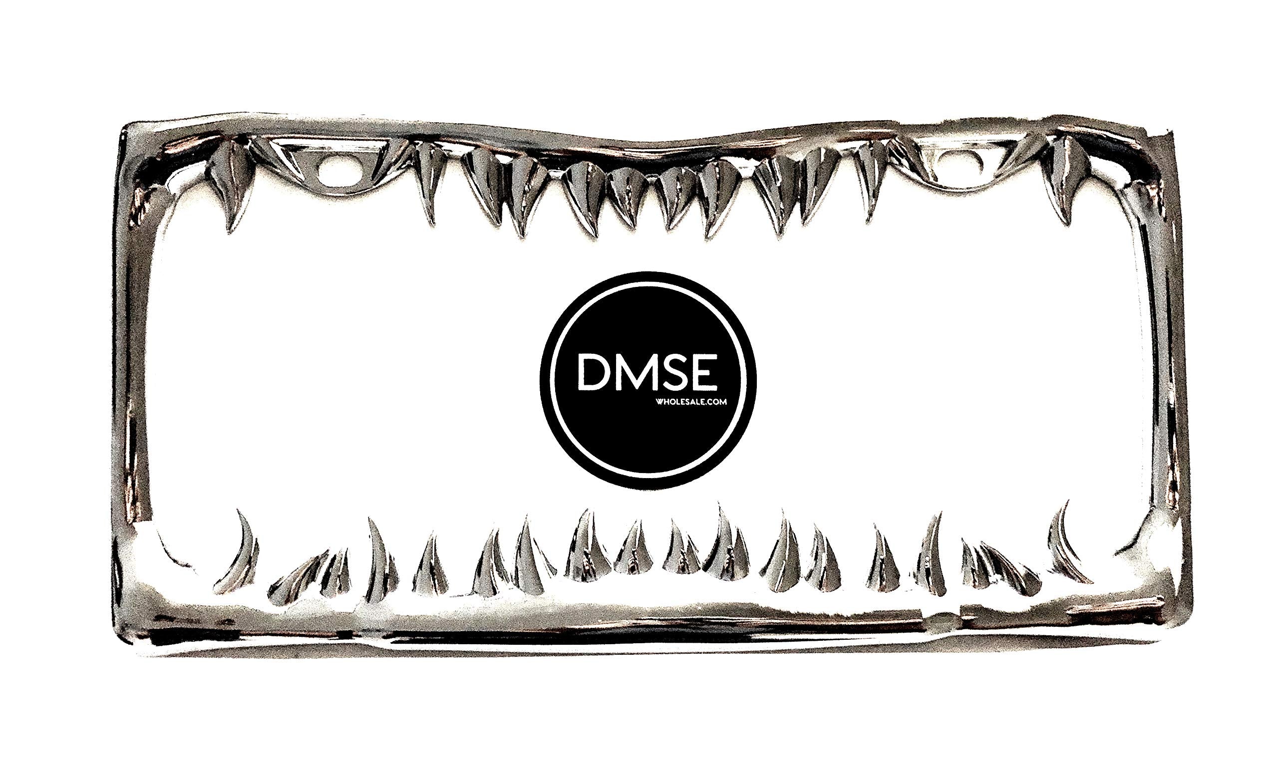 DMSE Universal Chrome Metal Shark Tooth License Plate Frame, 12.25 x 6.25 - Cool Design for Any Vehicle