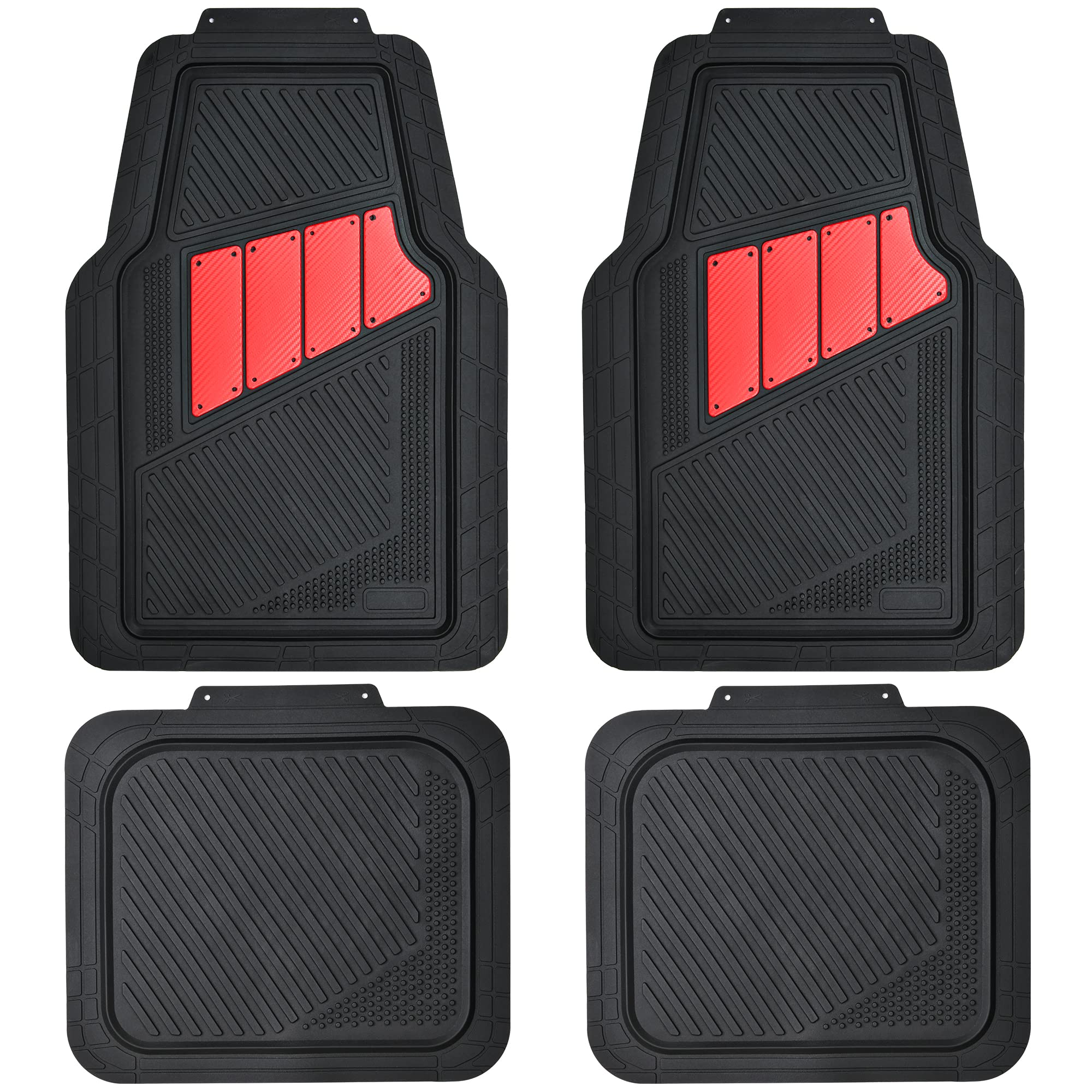 Car Pass Heavy Duty Rubber Floor Mats 4-Piece Car Mat Set - Universal Waterproof Carbon Fiber Floor Mats For Car Suv Truck, Durable All-Weather Mats(Black And Red)
