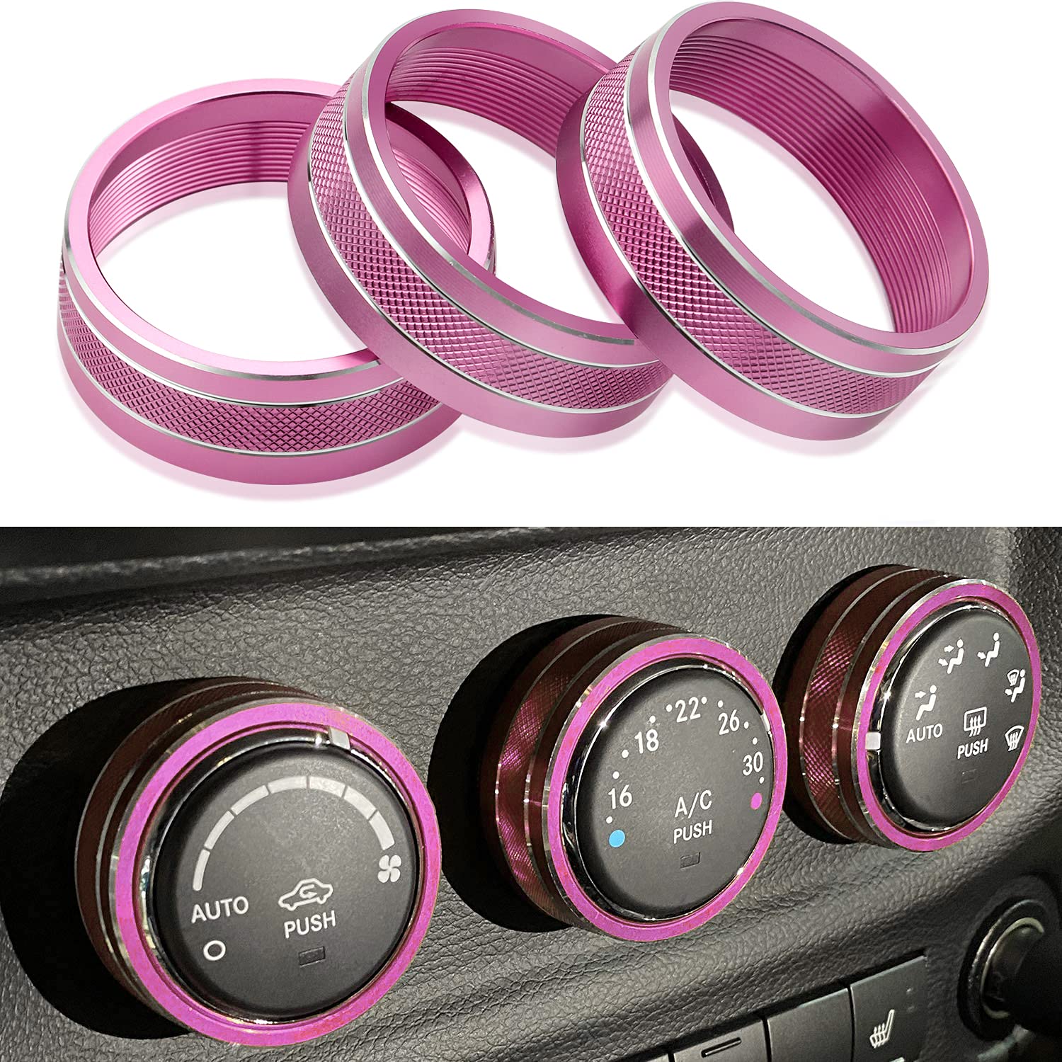 Ac Climate Control Knob Ring Air Conditioner Switch Volume Cover Compatible With 2011-2017 Jeep Wrangler Jk Jku/Dodge Challenger 2008-2014 Interior Conditioning Accessories Trim (3Pcs/Set, Pink)