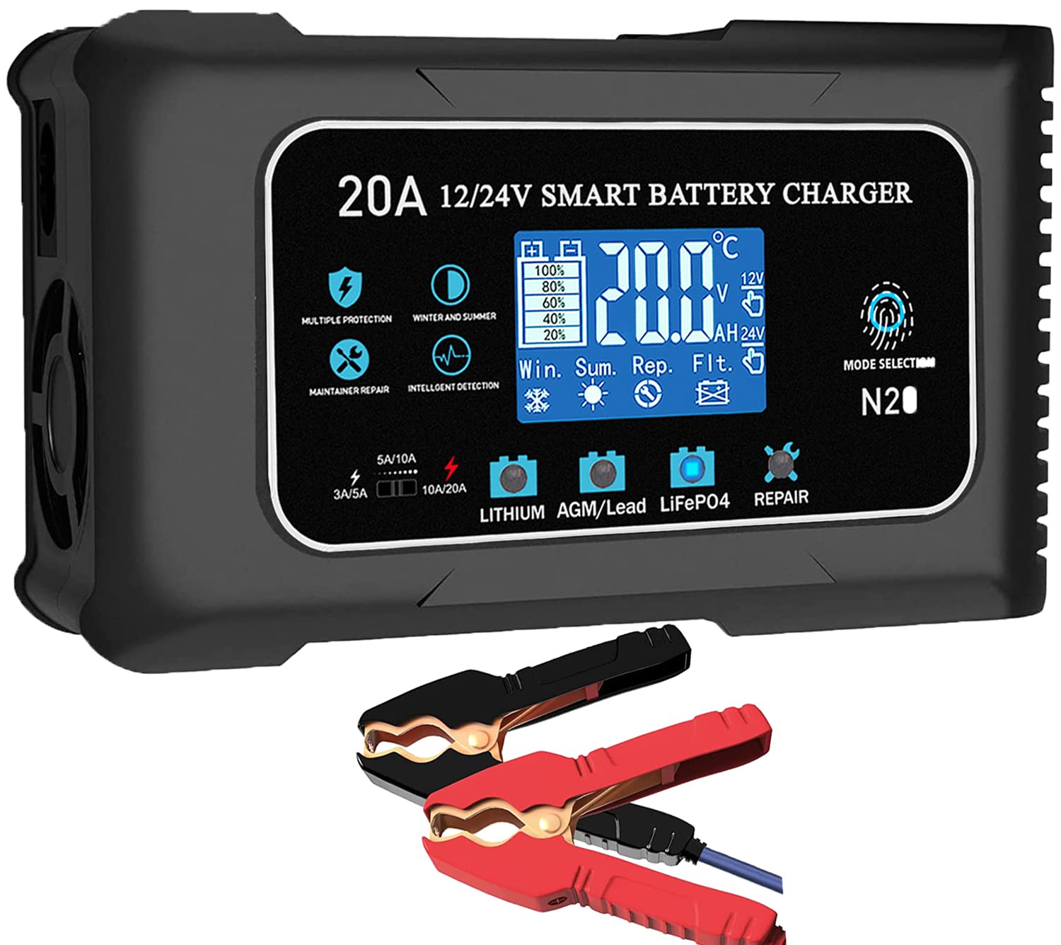 20-Amp Lifepo4 Lithium Agm Gel Smart Battery Charger, 12V/20A 24V/10A Trickle Charger, Maintainer For Car Boat Motorcycle, Lawn Mower
