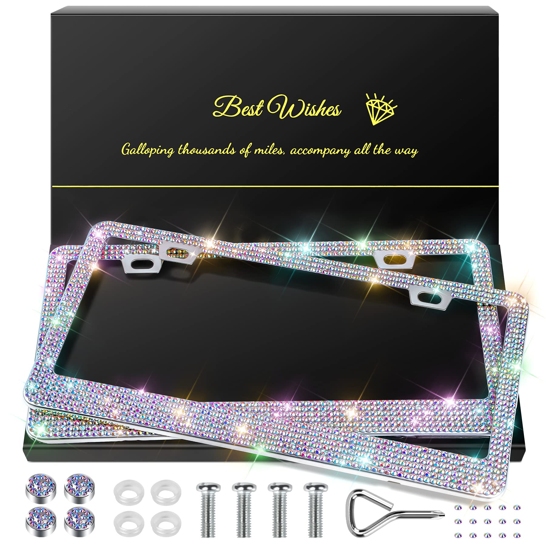 Quanqiufei 2 Pack Bling License Plate Frames For Women, Sparkly Rhinestone Diamond Car Accessories For Women, Handcrafted Stainless Steel Car License Plate Cover With Glitter Crystal Caps (Colorful)