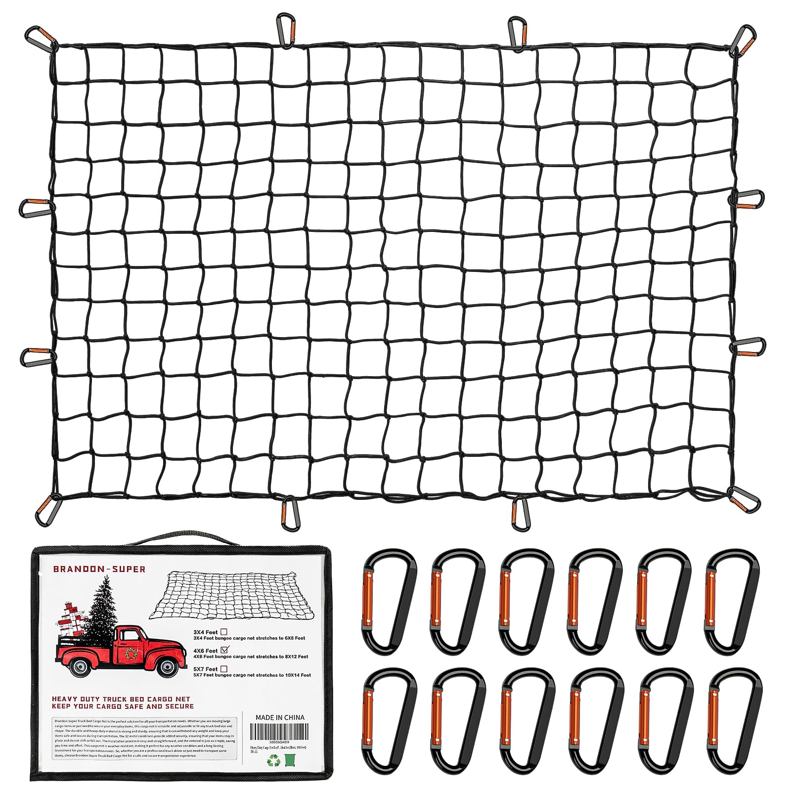 Heavy Duty Cargo Net For Pickup Truck Bed - Stretches From 5' X 7' To 15' X 21' - 12 Metal Carabiners - Compatible With Ford, Dodge Ram, Chevy, Toyota - Ideal For (Black, 5X7 Feet)