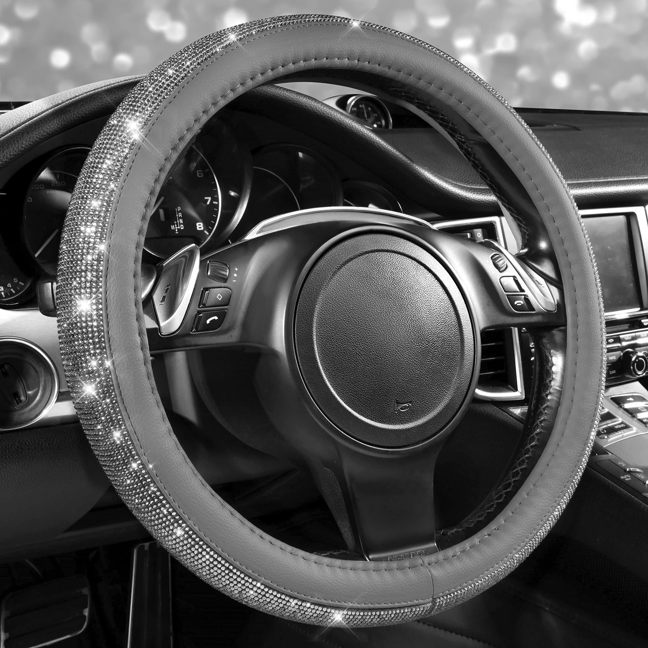 Car Pass Bling Diamond Leather Steering Wheel Cover, With Bling Sparkly Crystal Glitter Rhinestones Universal Fit 14 1/2-15 Car Wheel Protector For Women Girl Fit Suvs,Vans,Sedans,Cars,Trucks, Gray