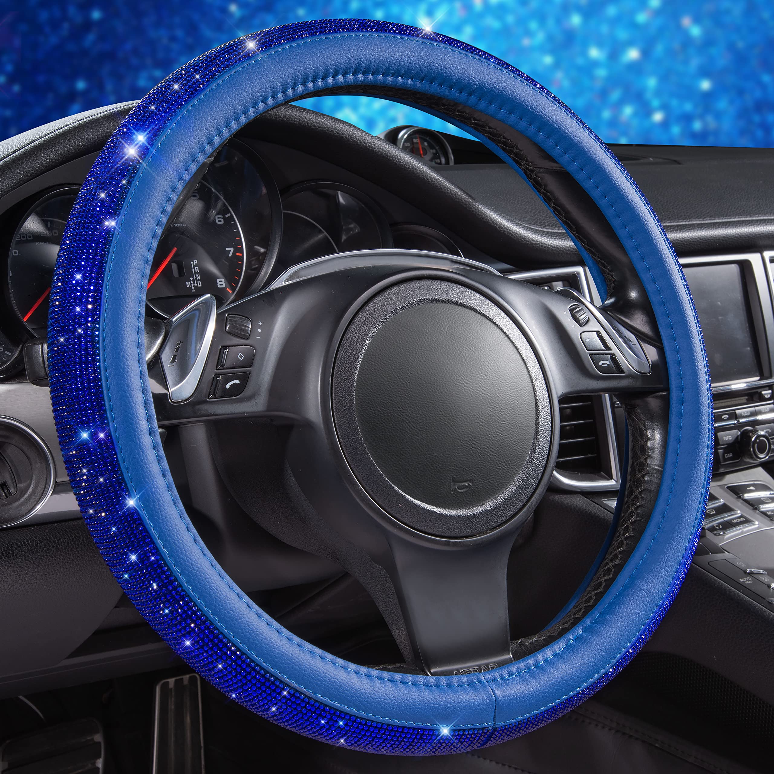 Car Pass Bling Diamond Leather Steering Wheel Cover, With Bling Sparkly Crystal Glitter Rhinestones Universal Fit 14 1/2-15 Car Wheel Protect For Women Girl Fit Suvs,Vans,Sedans,Cars,Trucks, Blue