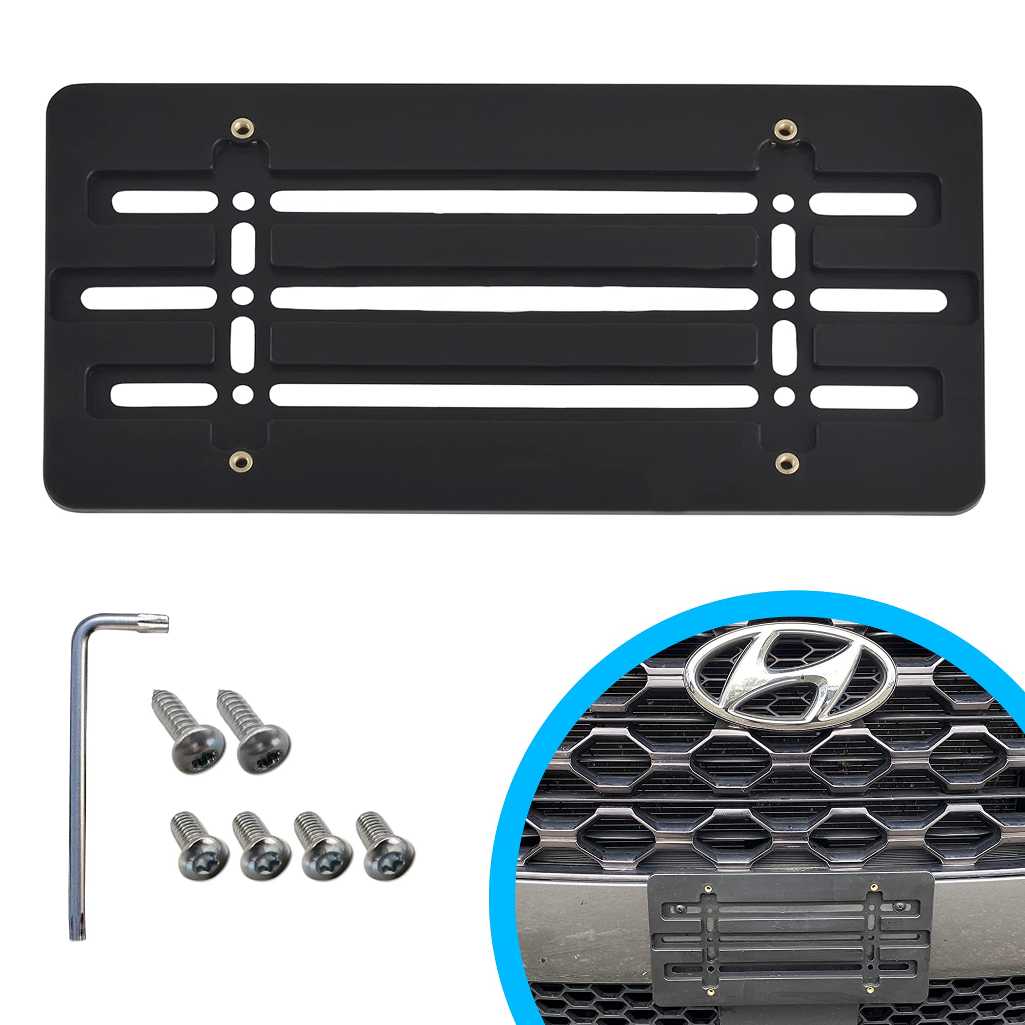 Front Bumper License Plate Bracket For Hyundai , Plate Holder Set W 6 Unique Screw Bolts & Wrench Kit, License Tag Mounting Kit, Quality Plate Holders, Premium Car & Truck Accessories