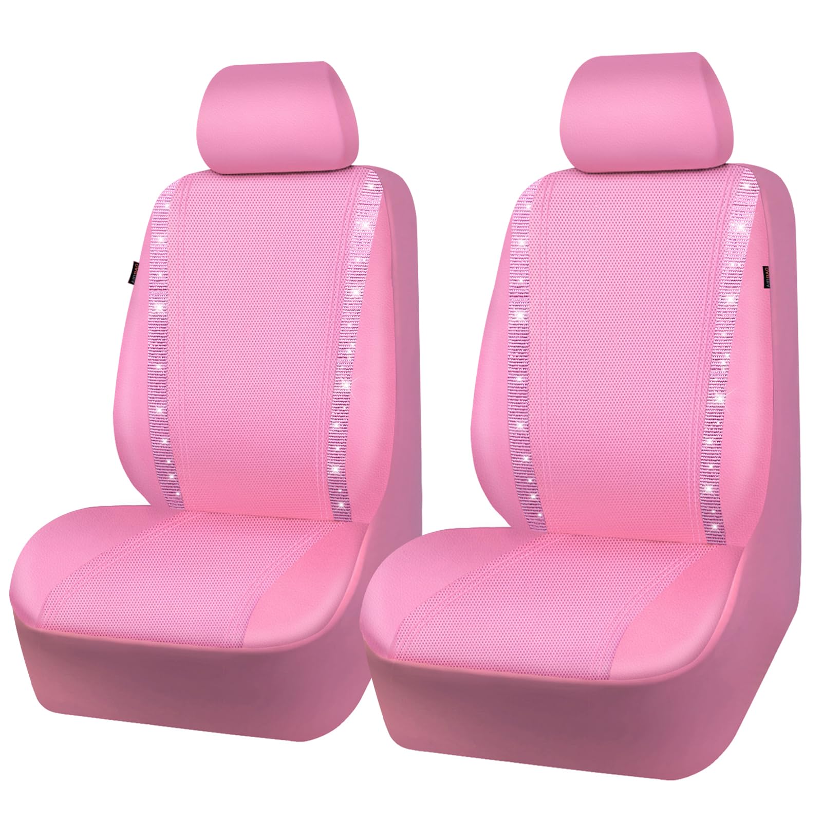 Car Pass Bling Car Seat Covers, Shining Rhinestone Waterproof Faux Leather Pink Car Accessories Two Front Only Universal Fit Auto Glitter Crystal Sparkle Strips For Cute Women Girl, Pink Diamond