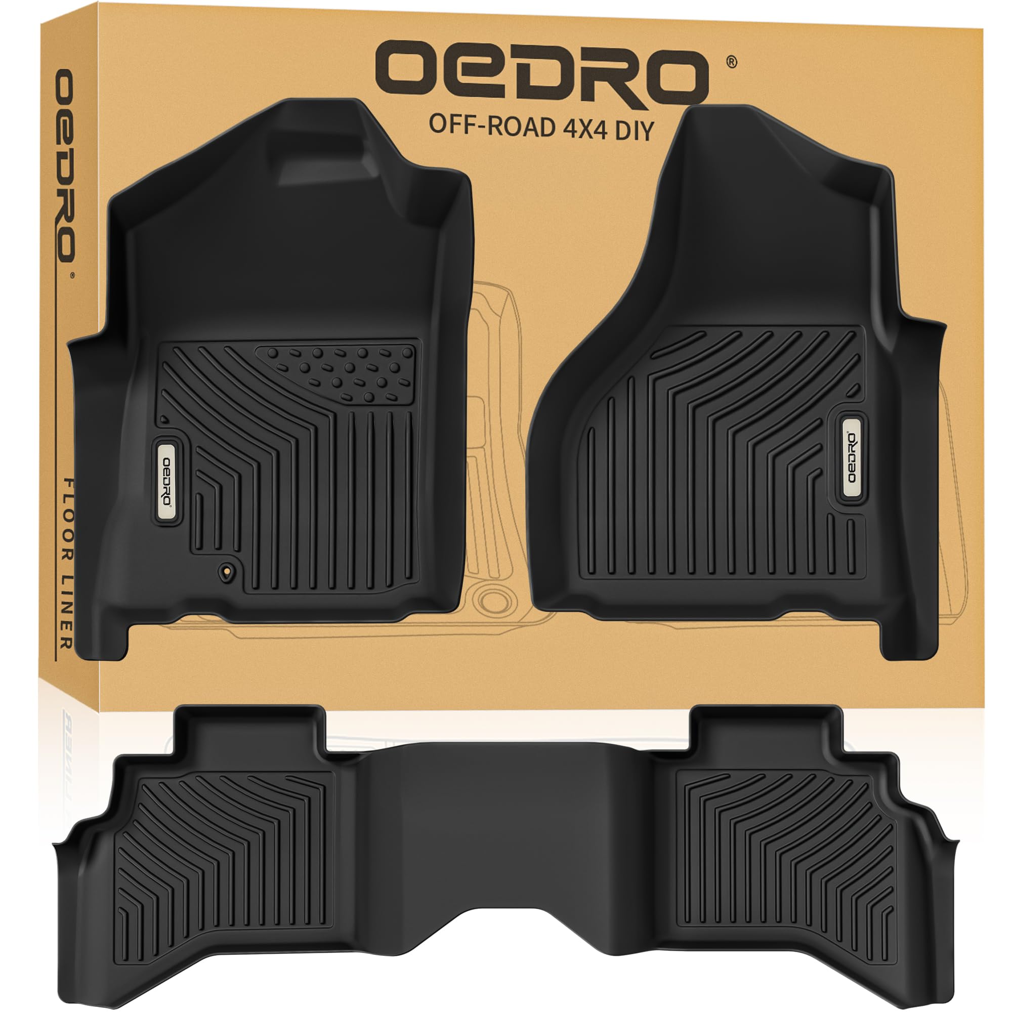 Oedro Floor Mats Fit For 2002-2008 Dodge Ram 1500 Quad Cab, 2003-2009 Dodge Ram 2500/3500 Quad Cab, All Weather Floor Liners Unique Black Tpe Front & 2Nd Seat