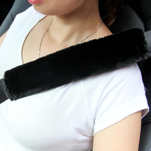 Amooca Soft Faux Fur Universal Fit Seatbelt Cover Car Truck Suv Airplane Seat Belt Shoulder Pad For Carmera Backpack Straps Neck Cushion Protector 2 Pack 10.5In Black