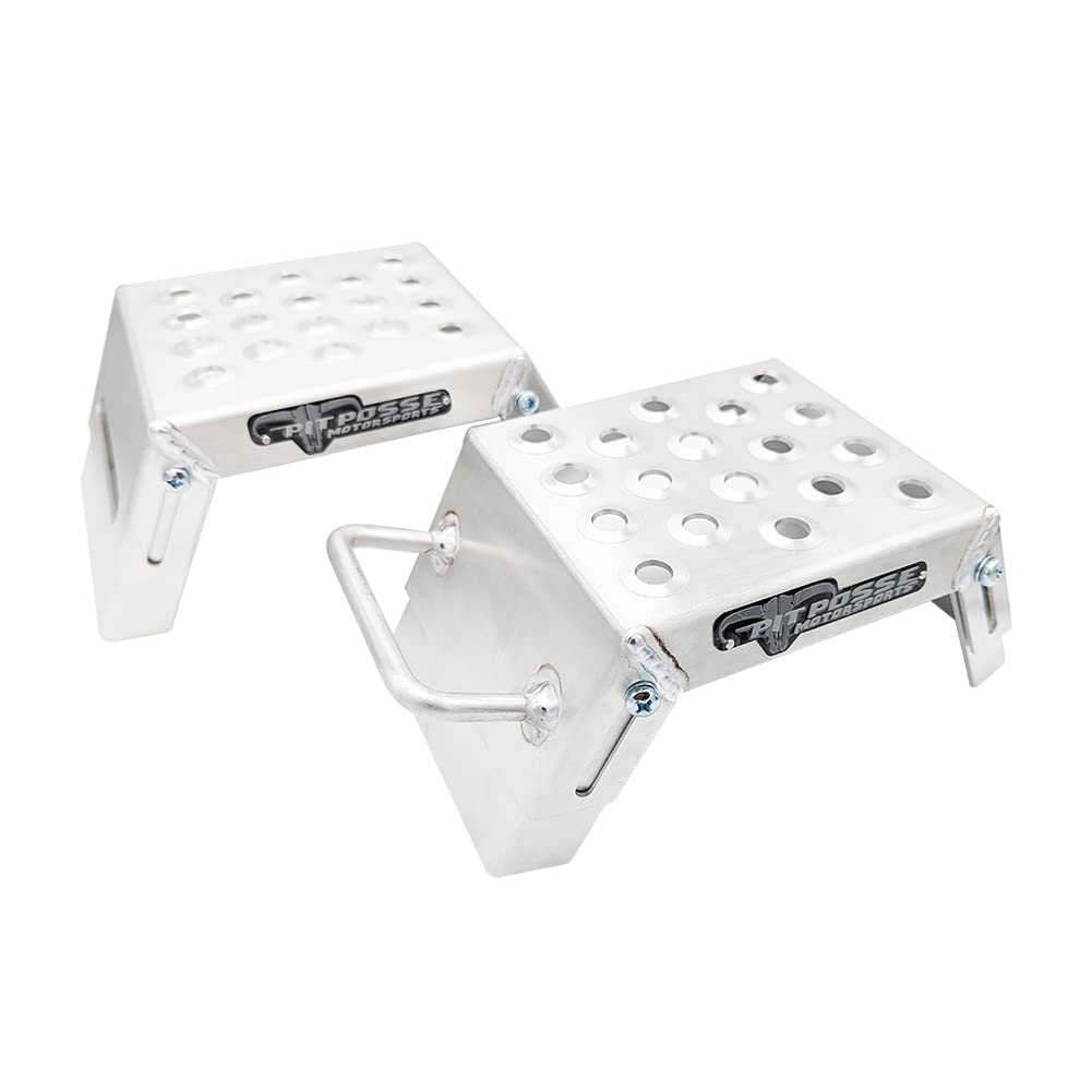 Pit Posse Pp2739 Mini Moto Starting Block Aid Pair For Youth Riders - Made In Usa - Mx Offroad Motorcycle Step Block Risers - Adjustable 3-9'- Grated For Muddy Boots - Motorsport Foot Stool (Silver)
