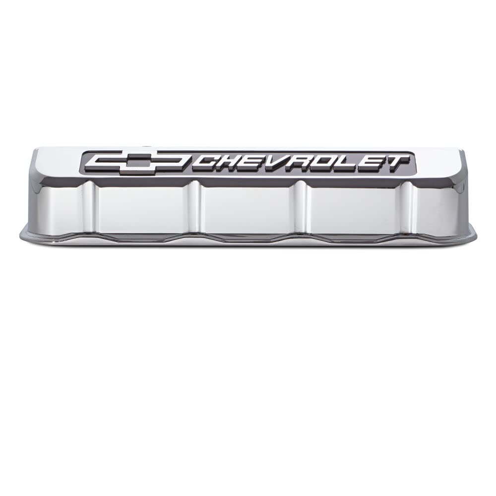 Proform Valve Cover, Slant-Edge, Tall, Baffled, Breather Hole, Blackfield Chevrolet Logo, Aluminum, Chrome