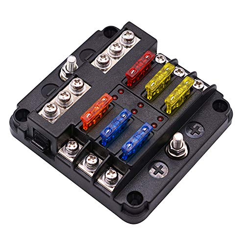 12 Volt Fuse Block, Waterproof 6 Way Fuse Box With 6 Ground Negative Busbar For Automotive[100 Amp Max] [Led Indicator] For Car Golf Cart Boat Marine Rv Dc 12-24V