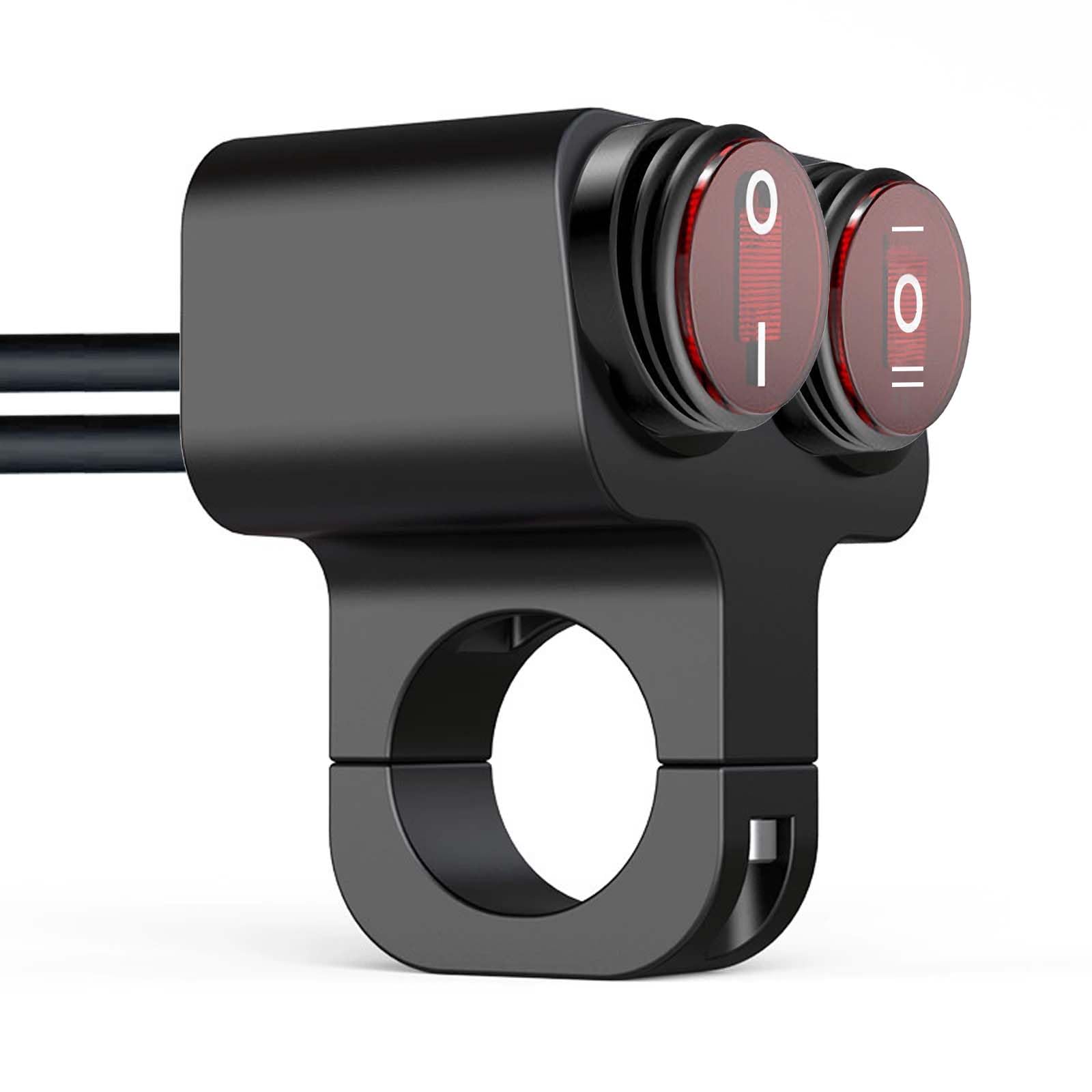 Waterproof Motorcycle Atv 7/8' Light Bar Switch, 12V 16A Double Control Switch, Cnc Aluminum Alloy Handlebar Toggle Switch, Hazard Brake Fog Light On-Off-On Switches, Red Indicator Light