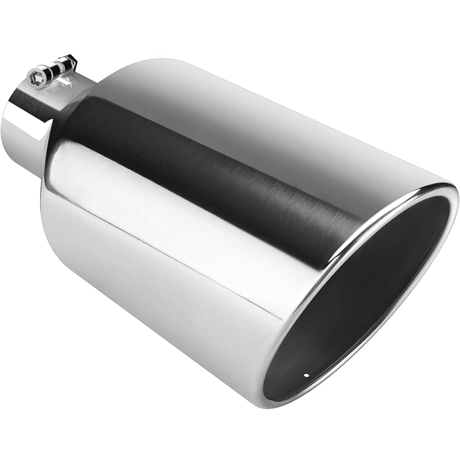 Autosaver88 4 Inch Inlet Exhaust Tip, 4' Inlet 8' Outlet 15' Overall Length Chrome-Plated Finish Stainless Steel Exhaust Tail Tip For 4' Outside Diameter Tailpipe, Rolled Angle Cut, Bolt-On, Polished