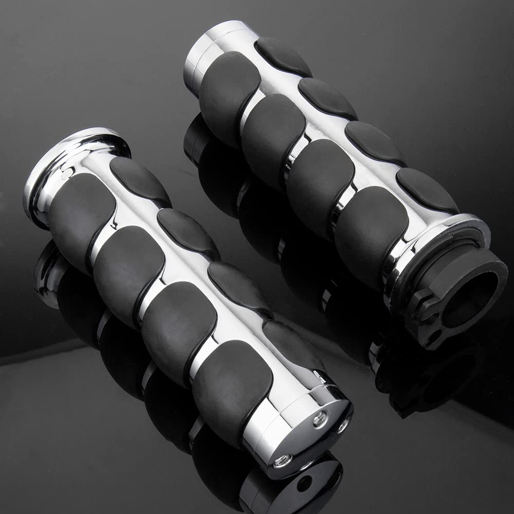 Kicry Motorcycle Hand Grips 1 Inch Handlebar Throttle Grips 25Mm Chrome Black Aluminum Rubber Compatible With Harley Davidson Dyna Sportster Road King Street Glide Fat Boy Honda Shadow Vtx(Chrome#1)