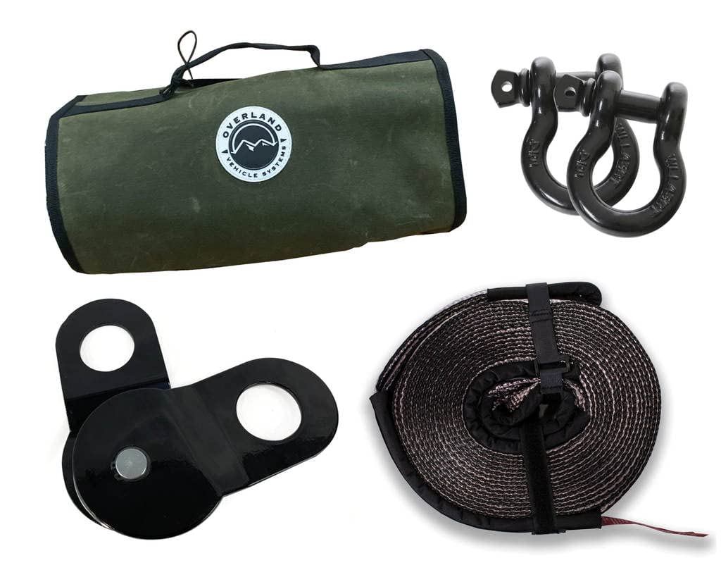 Overland Vehicle Systems Ovs 33-0501 Recovery Wrap Kit Including 20' Tow Strap, Pair Of Black D-Rings, Snatch Block And Canvas Bag
