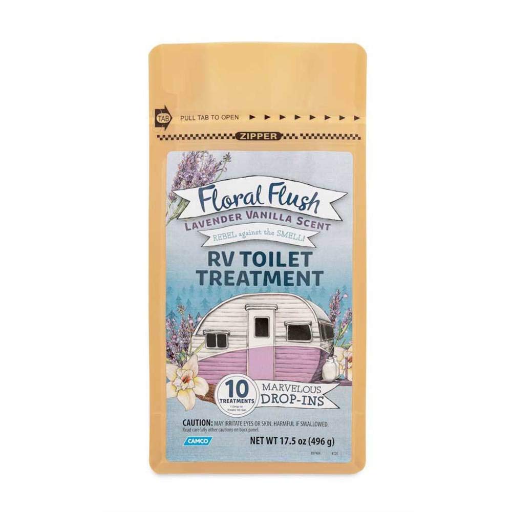 Camco 41490 Floral Flush Rv Toilet Treatment Drop-Ins, Lavender Vanilla Scent - Eliminates Odors And Breaks Down Waste - One Drop-In Treats Up To A 40-Gallon Tank - (10) Drop-Ins Per Bag