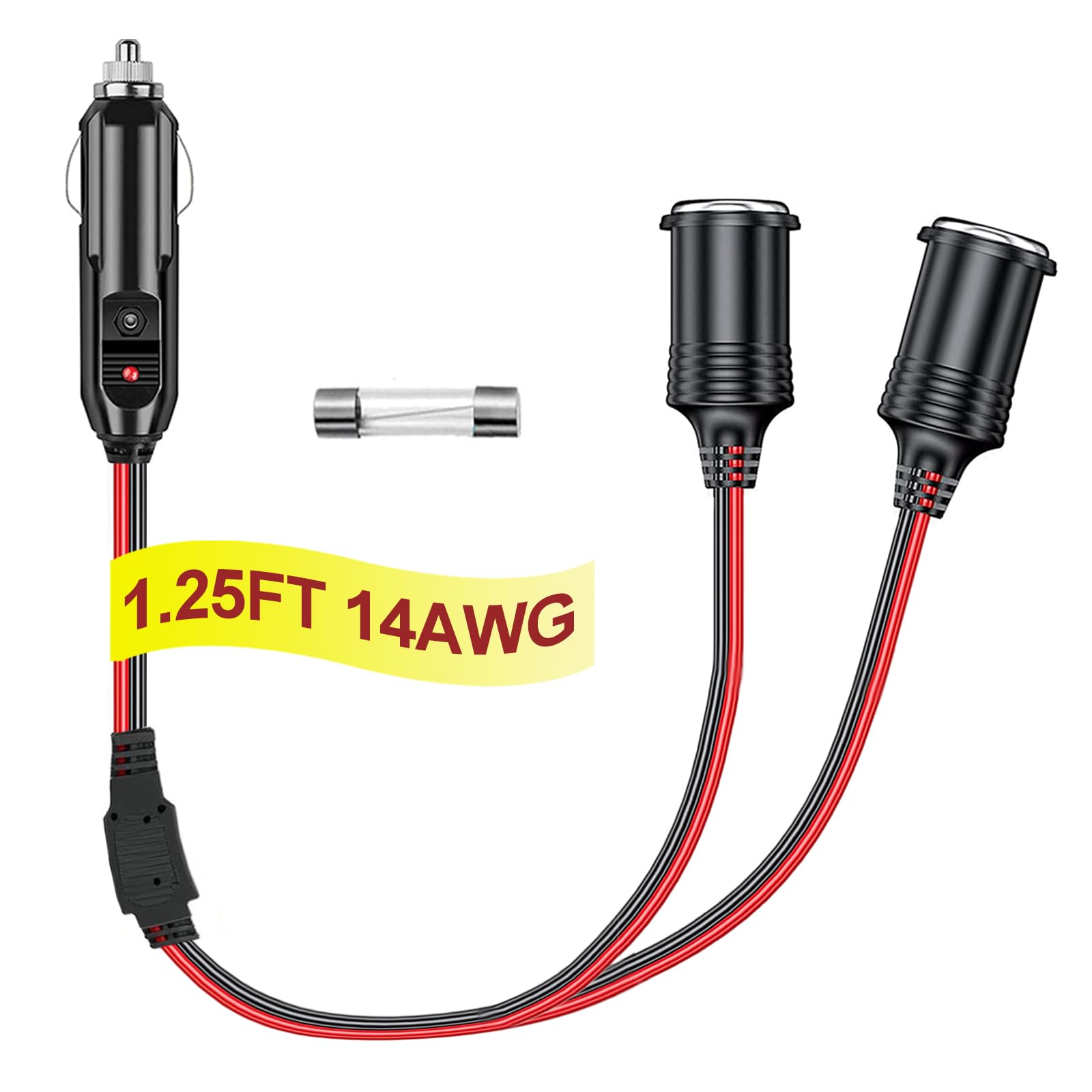 RWUJILONG 12V Cigarette Lighter Socket Splitter - 2 Socket, 1.25FT Car Plug Adapter with 20A Fuse, 14 AWG Cord, 1