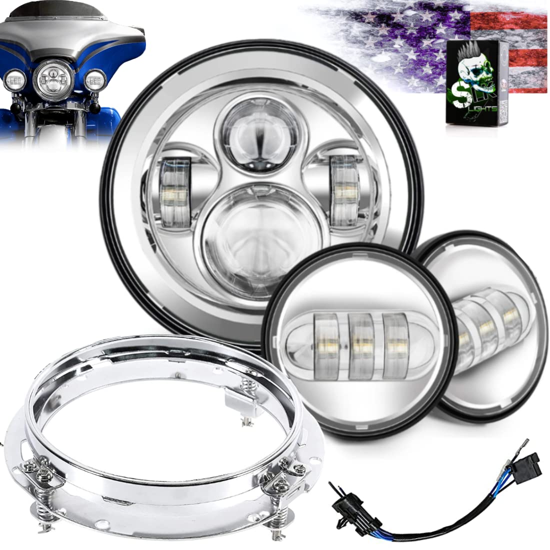 Slk-Customs 7 Inch Led Headlight Fog Passing Lights Dot Kit Ring Motorcycle For Harley Davidson Touring Road King Ultra Classic Electra Street Glide Heritage Softail Slim Deluxe Fatboy (Chrome)