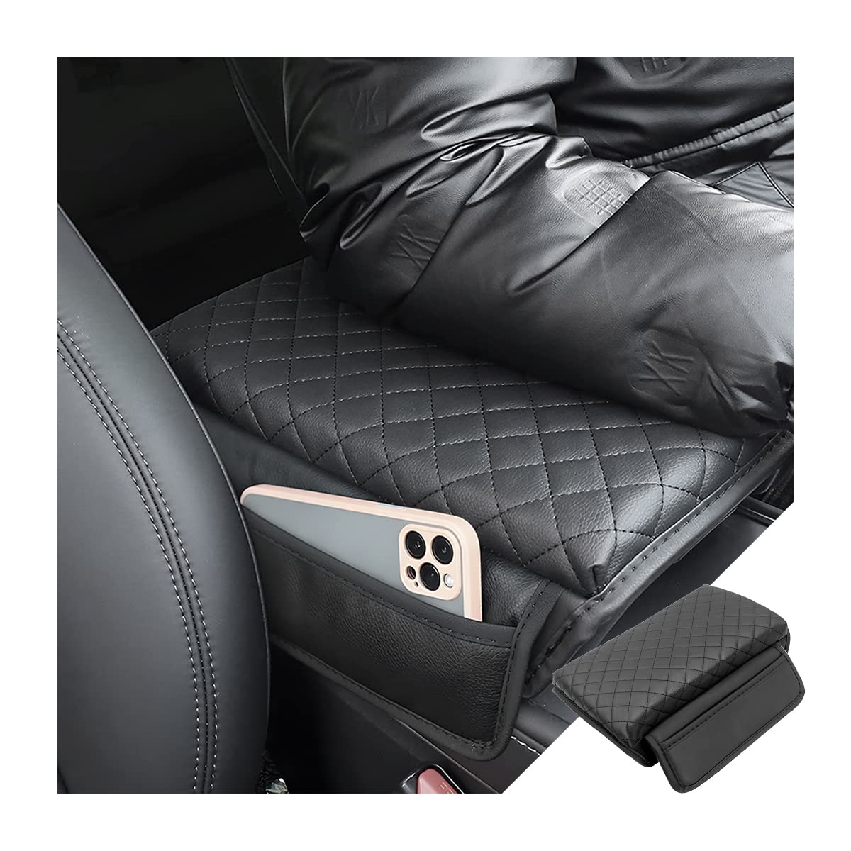 Zipelo Car Armrest Cushion, Carbon Fiber Leather Auto Center Console Pad, Memory Foam Armrest Box With Storage Bag, Hand Rest Pillow With Organizer Pockets, Universal Fit For Most Vehicles (Black)