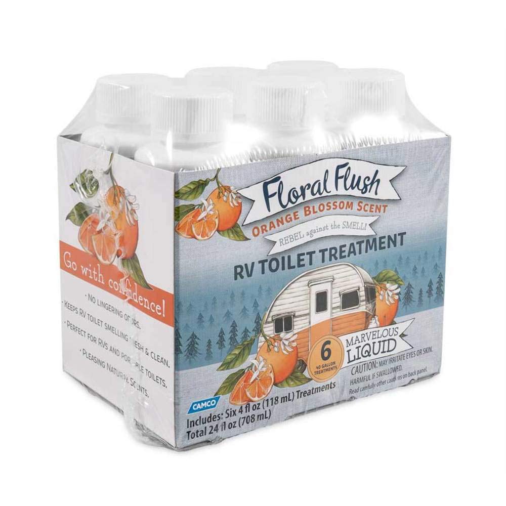 Camco 41481 Floral Flush Rv Toilet Treatment Singles, Orange Blossom Scent - Eliminates Odors And Breaks Down Waste - Each Bottle Treats Up To 40-Gallons - Contains (6) 4 Oz. Bottles