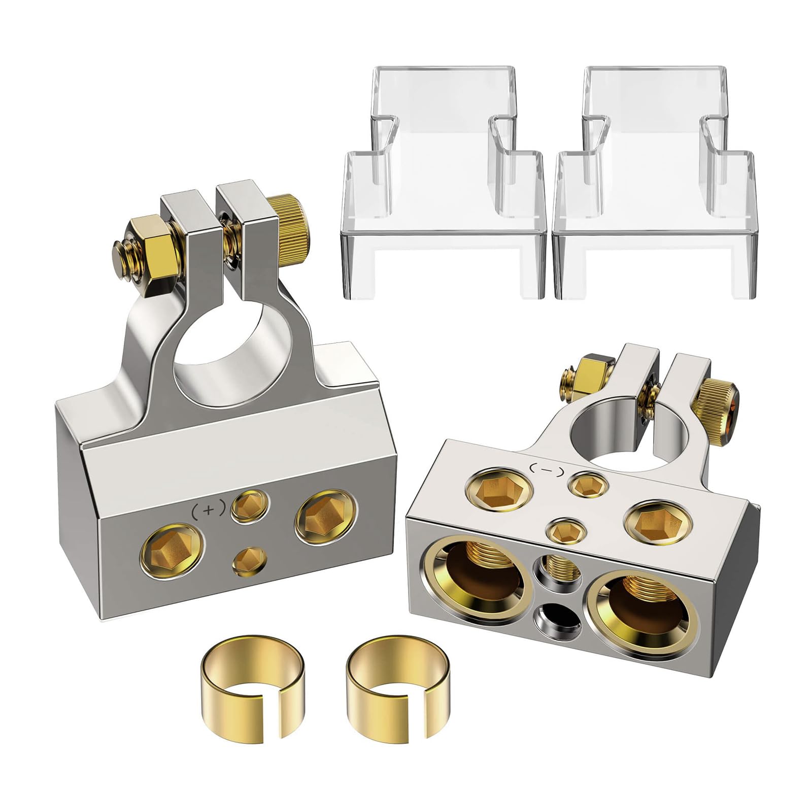 Brightfun Battery Terminal Connectors,0/2/4/8/10 Gauge Battery Terminal Connectors With Spacer Shims For Car Marine Truck Boat Motorcycle, Positive And Negative (Pair)